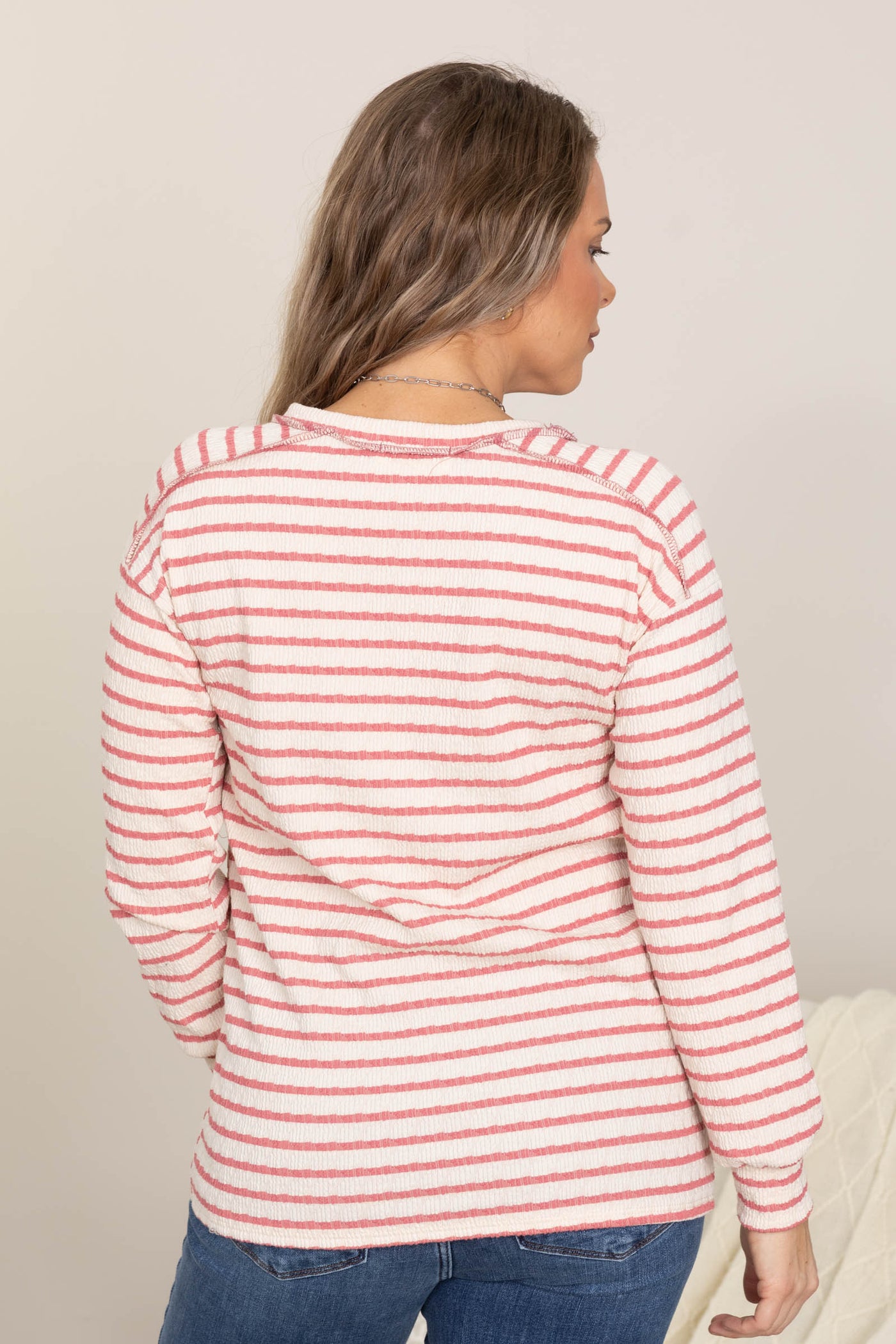 Striped Textured Knit Long Sleeve Tops