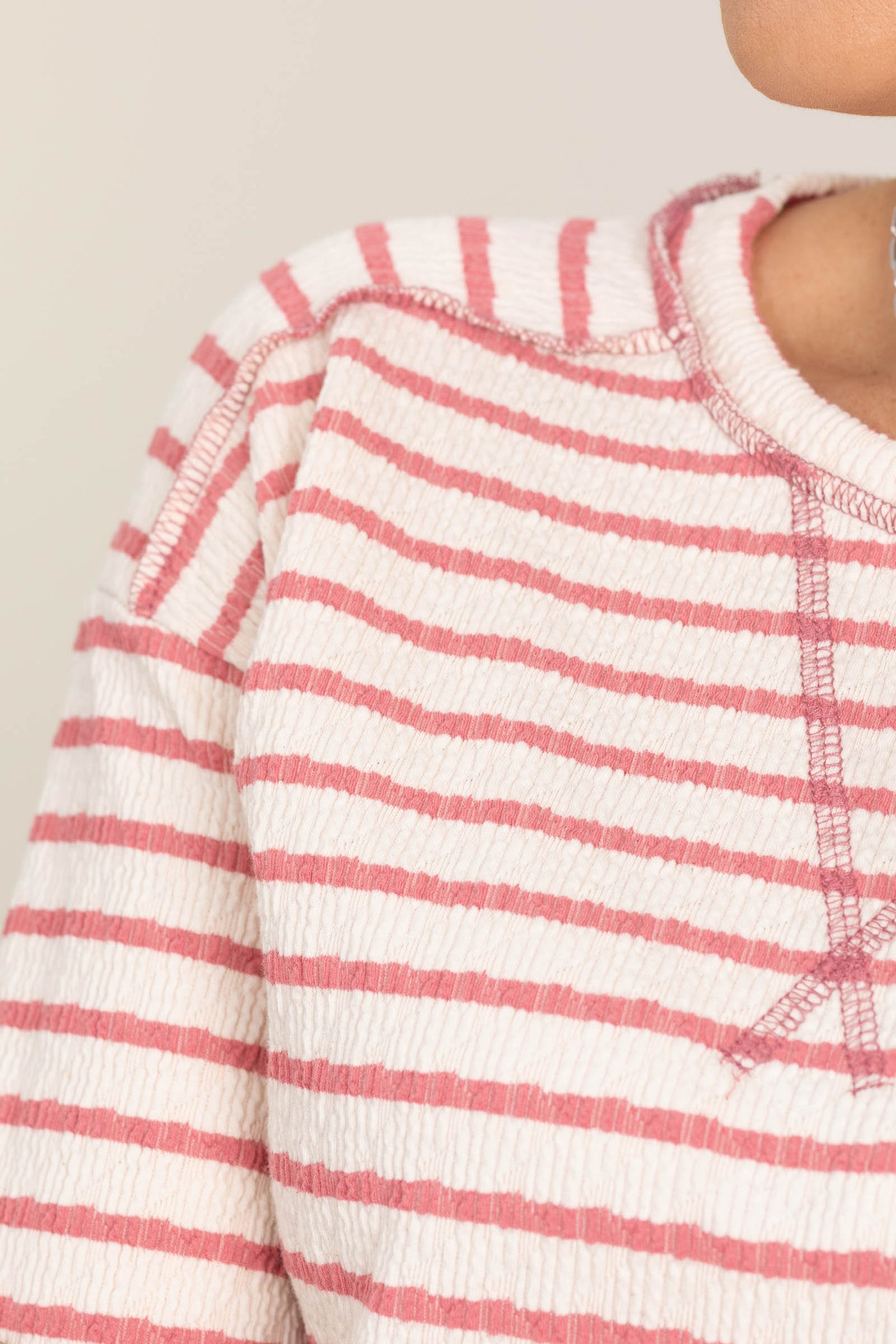 Striped Textured Knit Long Sleeve Tops