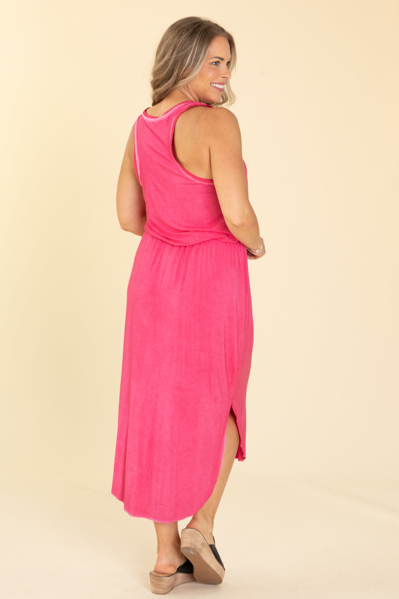Hot Pink Washed Round Hem Midi Dress