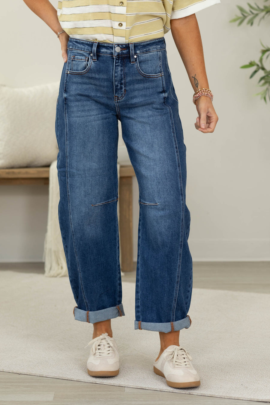 Risen Dark Wash Crop Barrel Cuffed Jeans