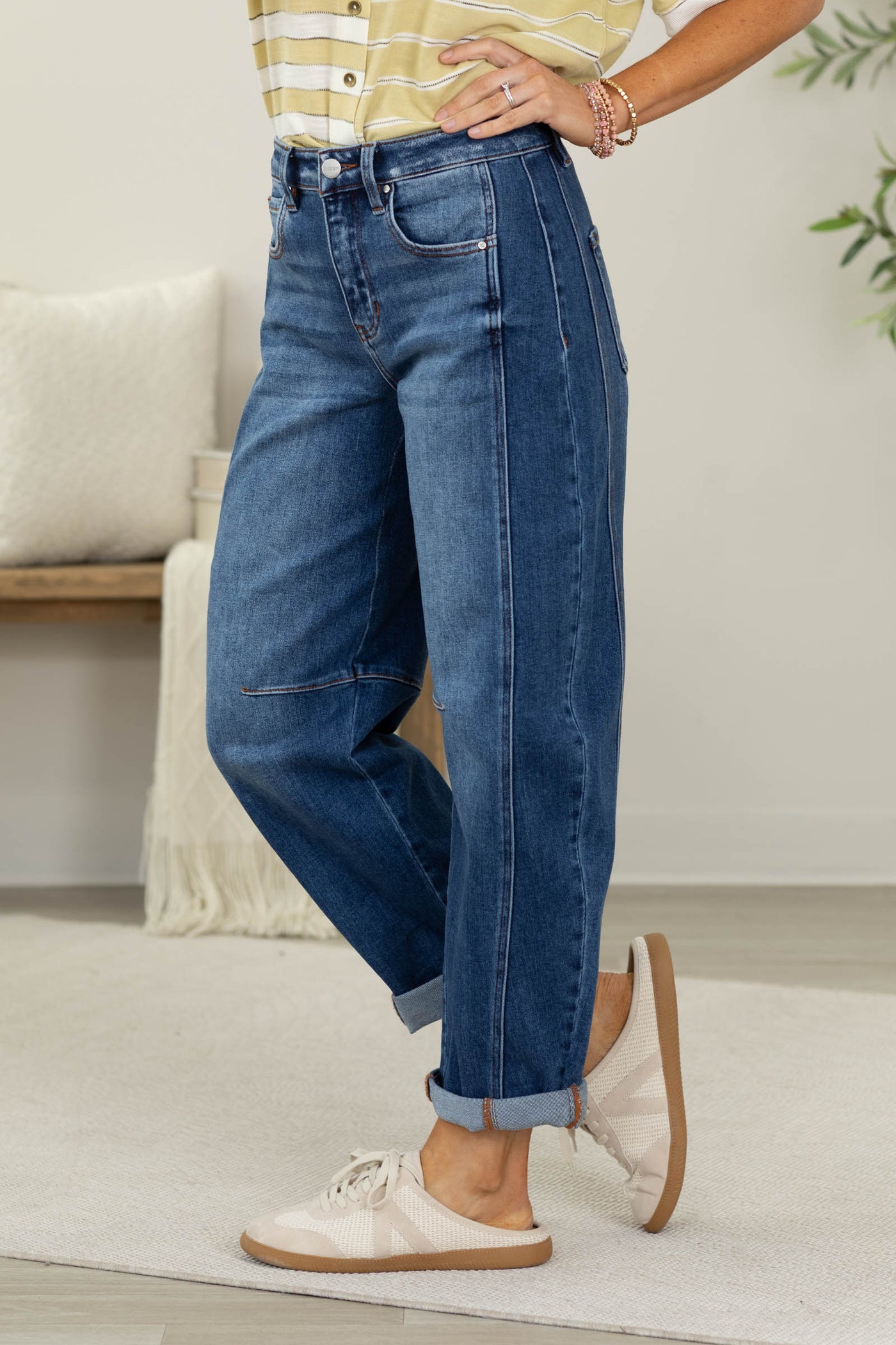 Risen Dark Wash Crop Barrel Cuffed Jeans