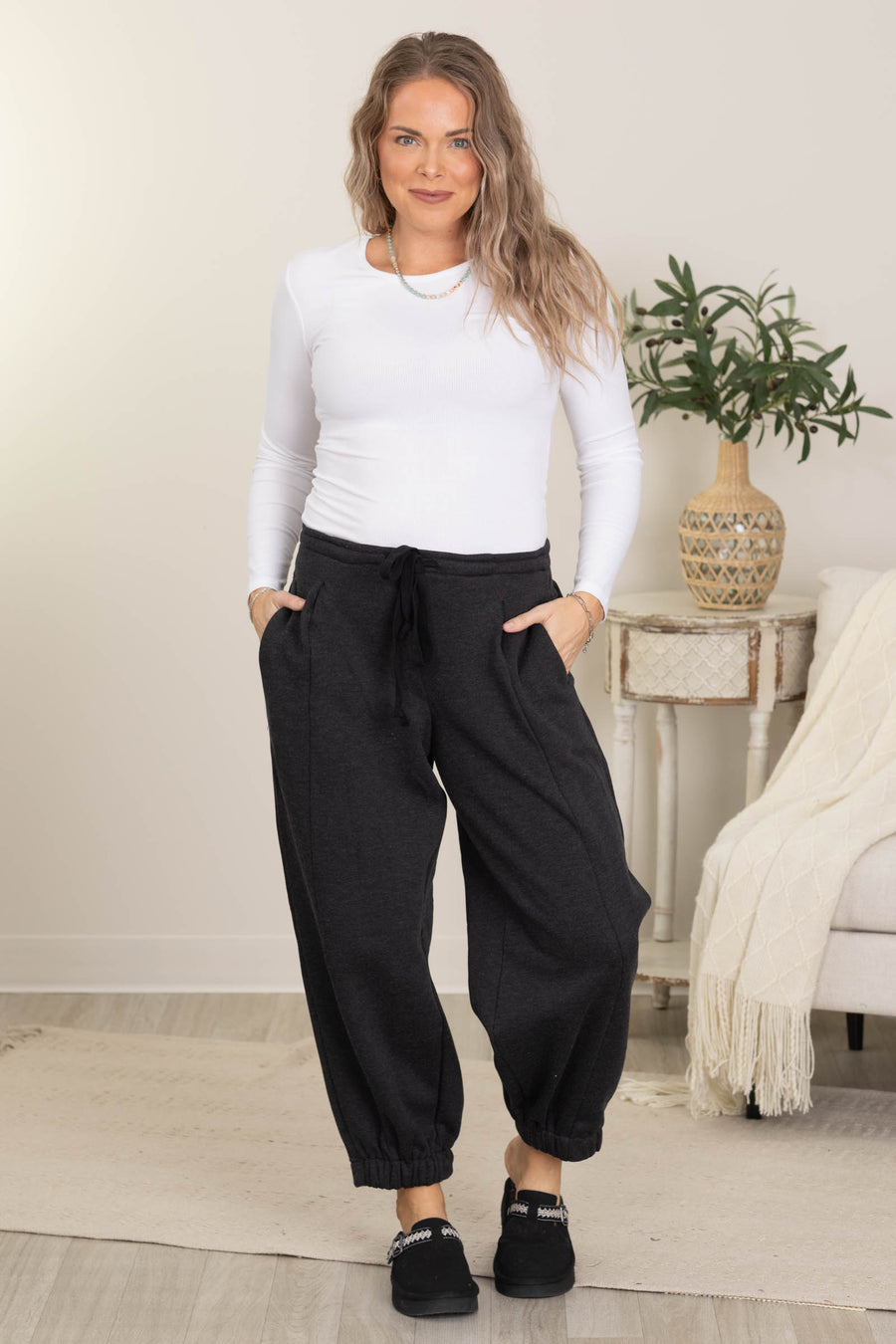 Risen Black Washed Relaxed Wide Leg Joggers