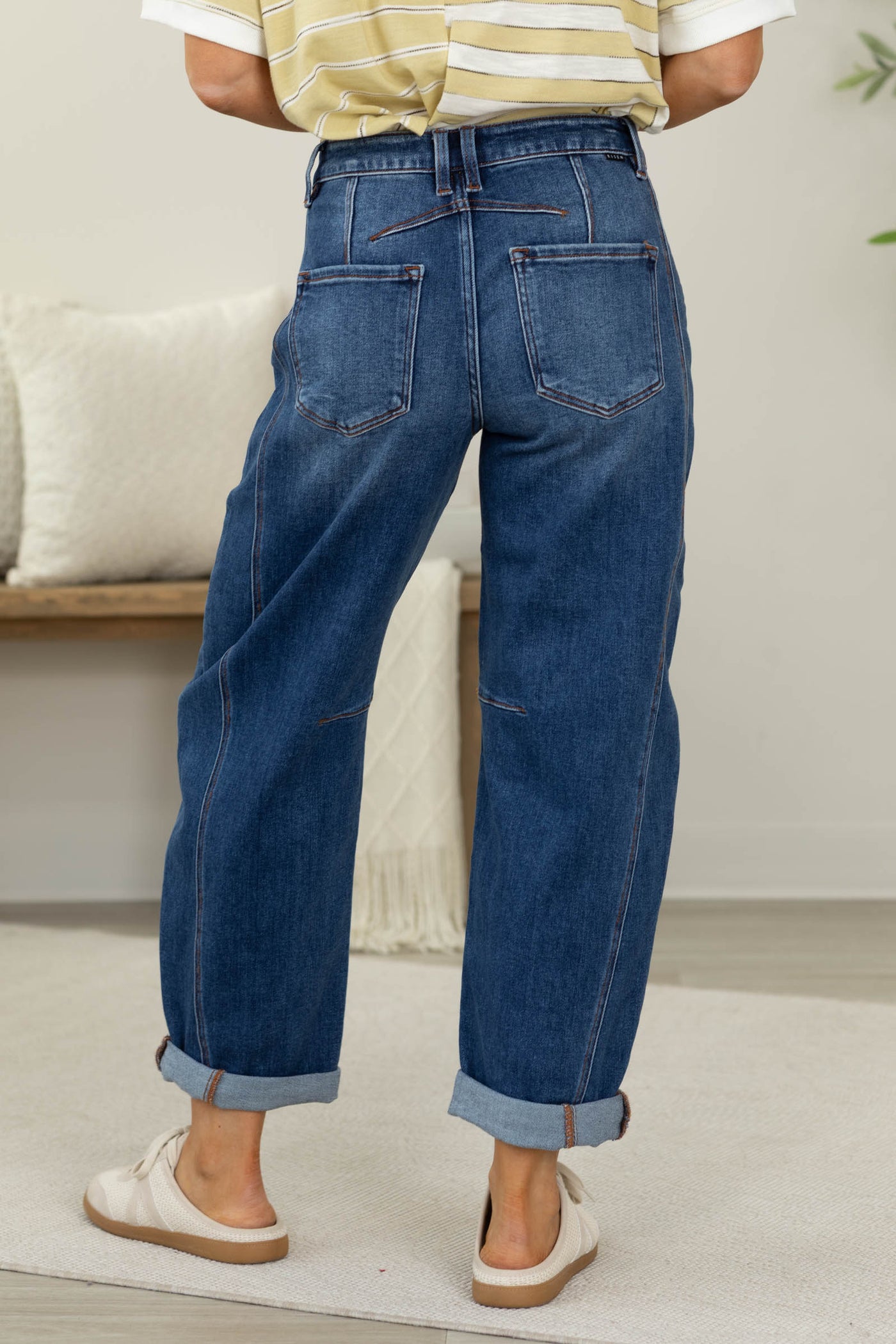 Risen Dark Wash Crop Barrel Cuffed Jeans