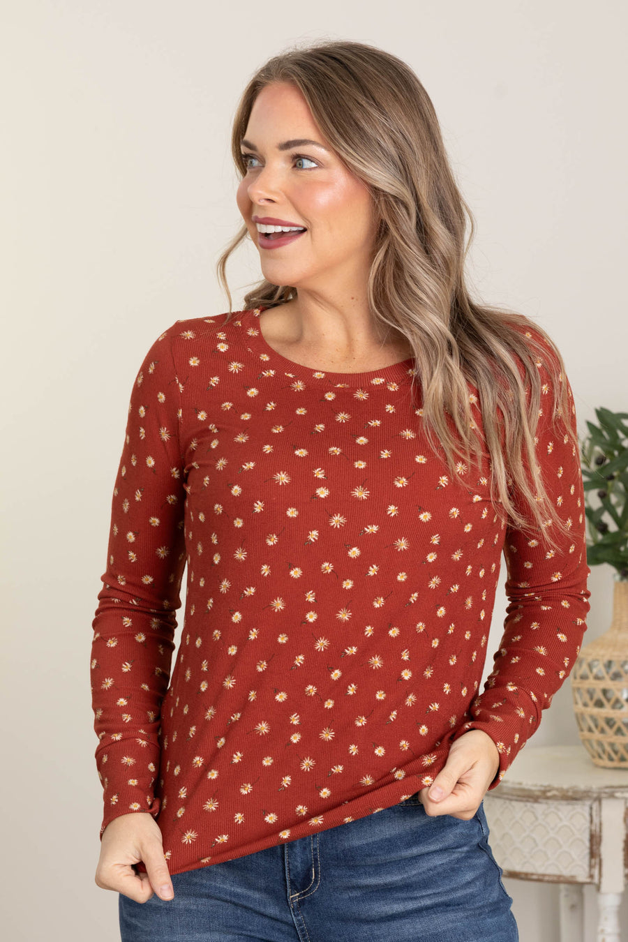 Rust Floral Long Sleeve Round Neck Knit Top