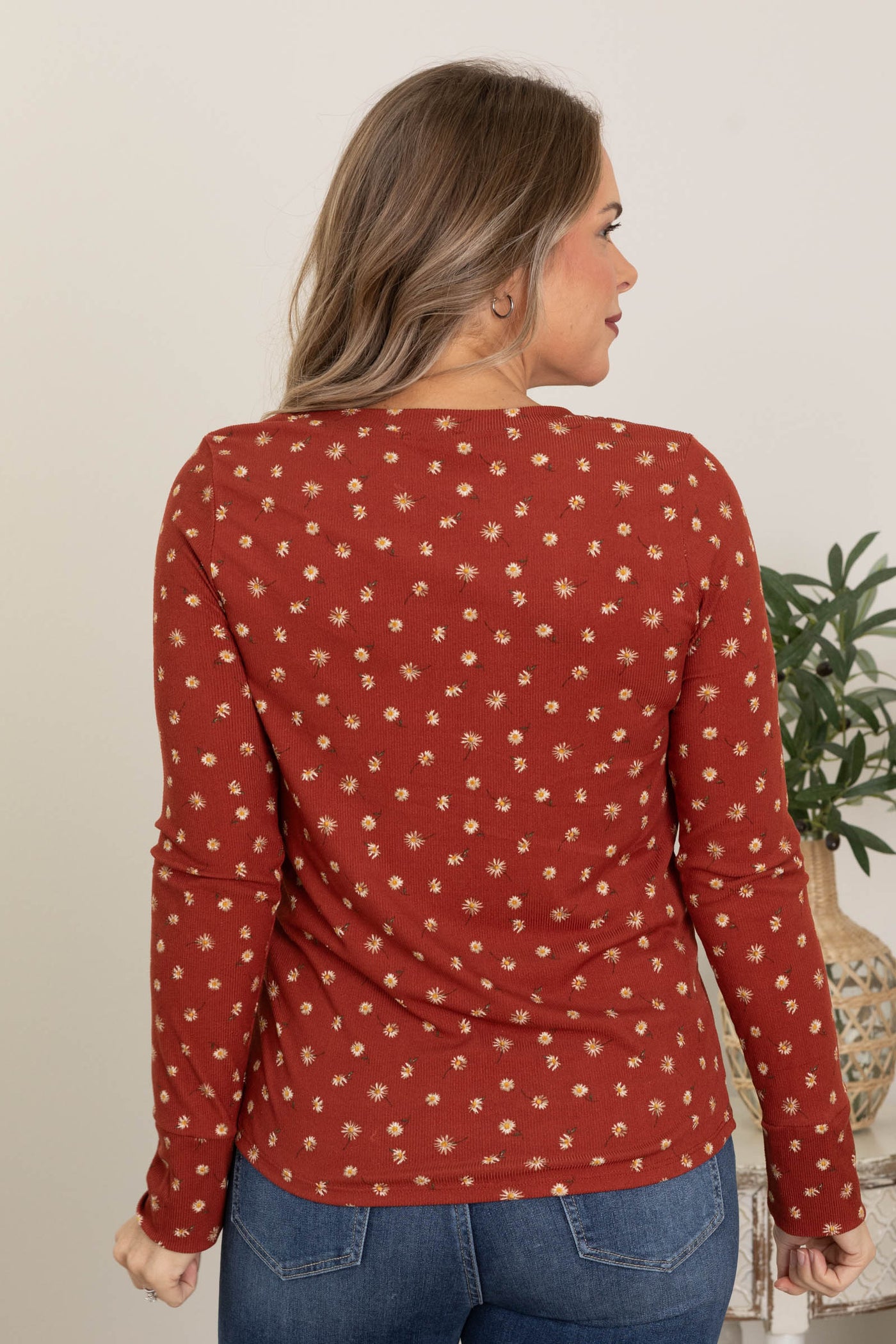 Rust Floral Long Sleeve Round Neck Knit Top