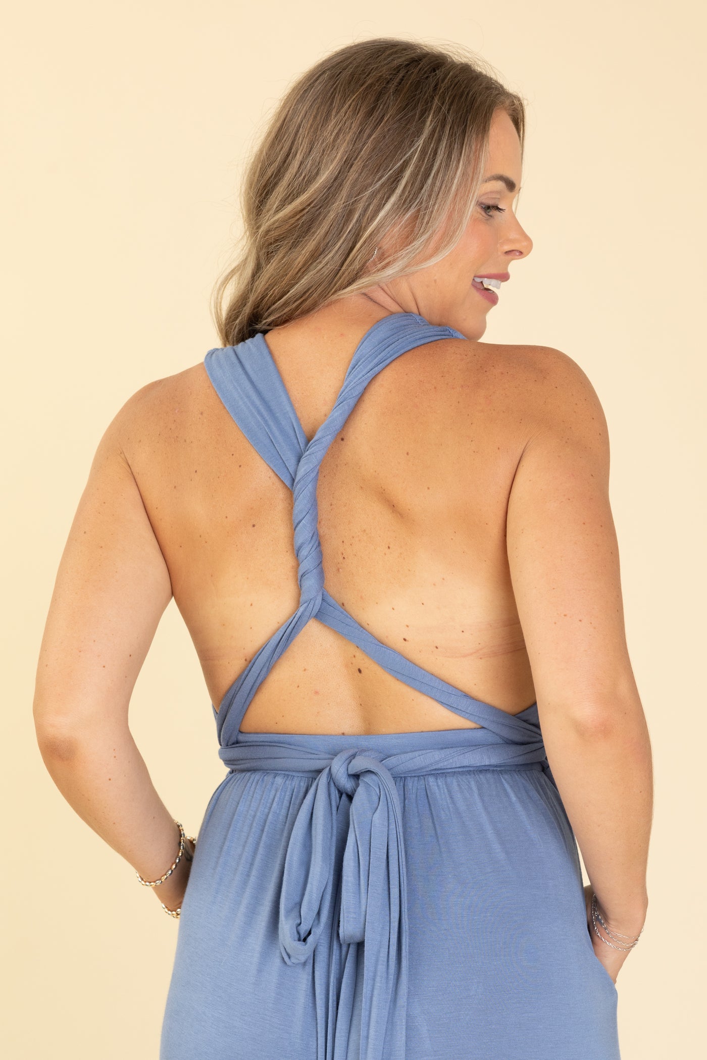Dusty Blue Convertible Strap Wide Leg Jumpsuit Filly Flair Dusty Blue Convertible Strap Wide Leg Jumpsuit Filly Flair