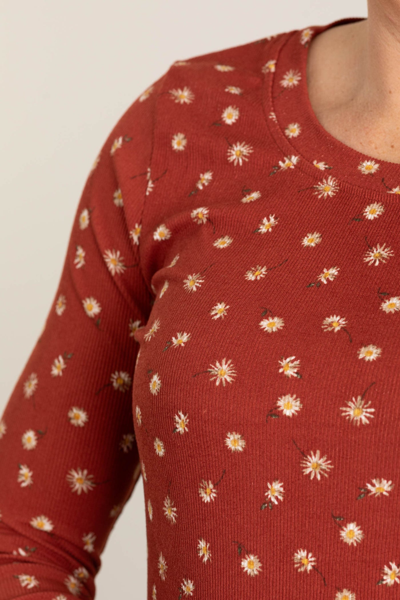 Rust Floral Long Sleeve Round Neck Knit Top