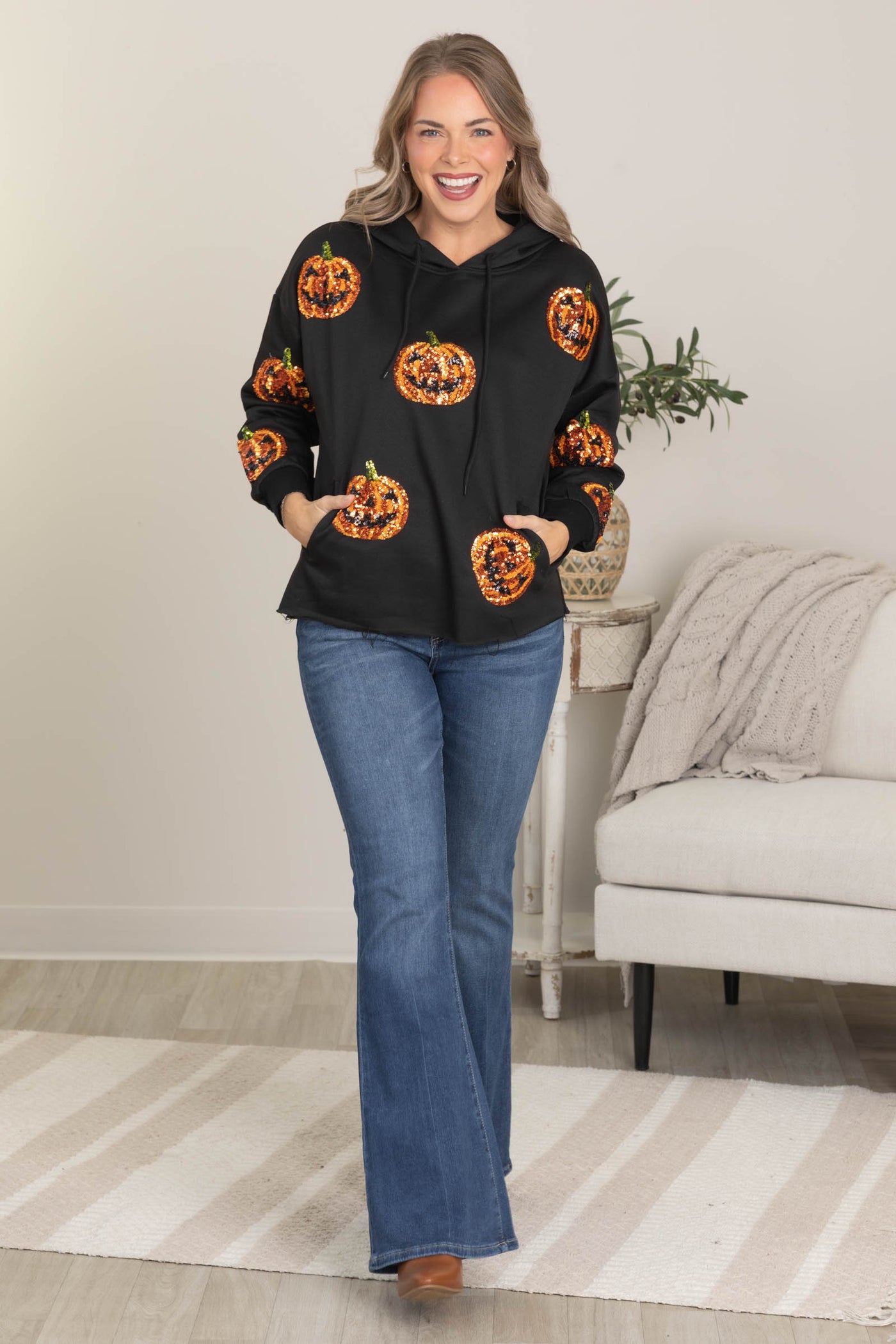 Black Sequin Pumpkin Patches Hoodie