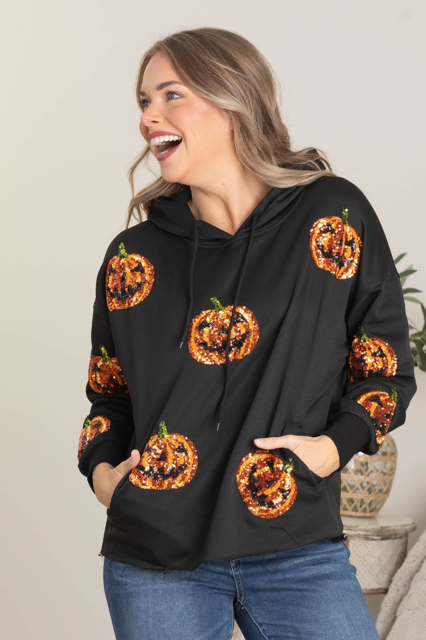 Black Sequin Pumpkin Patches Hoodie