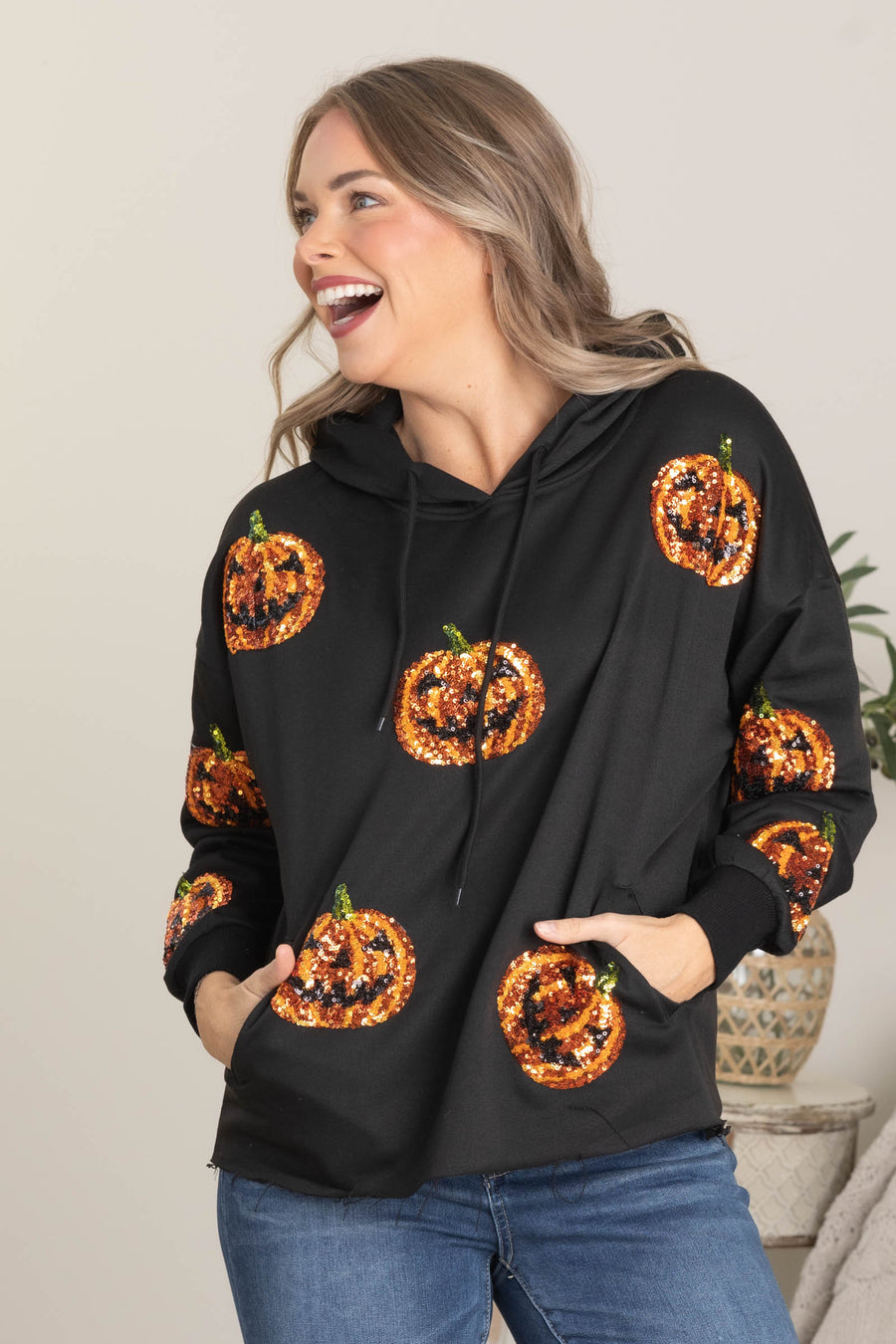Black Sequin Pumpkin Patches Hoodie