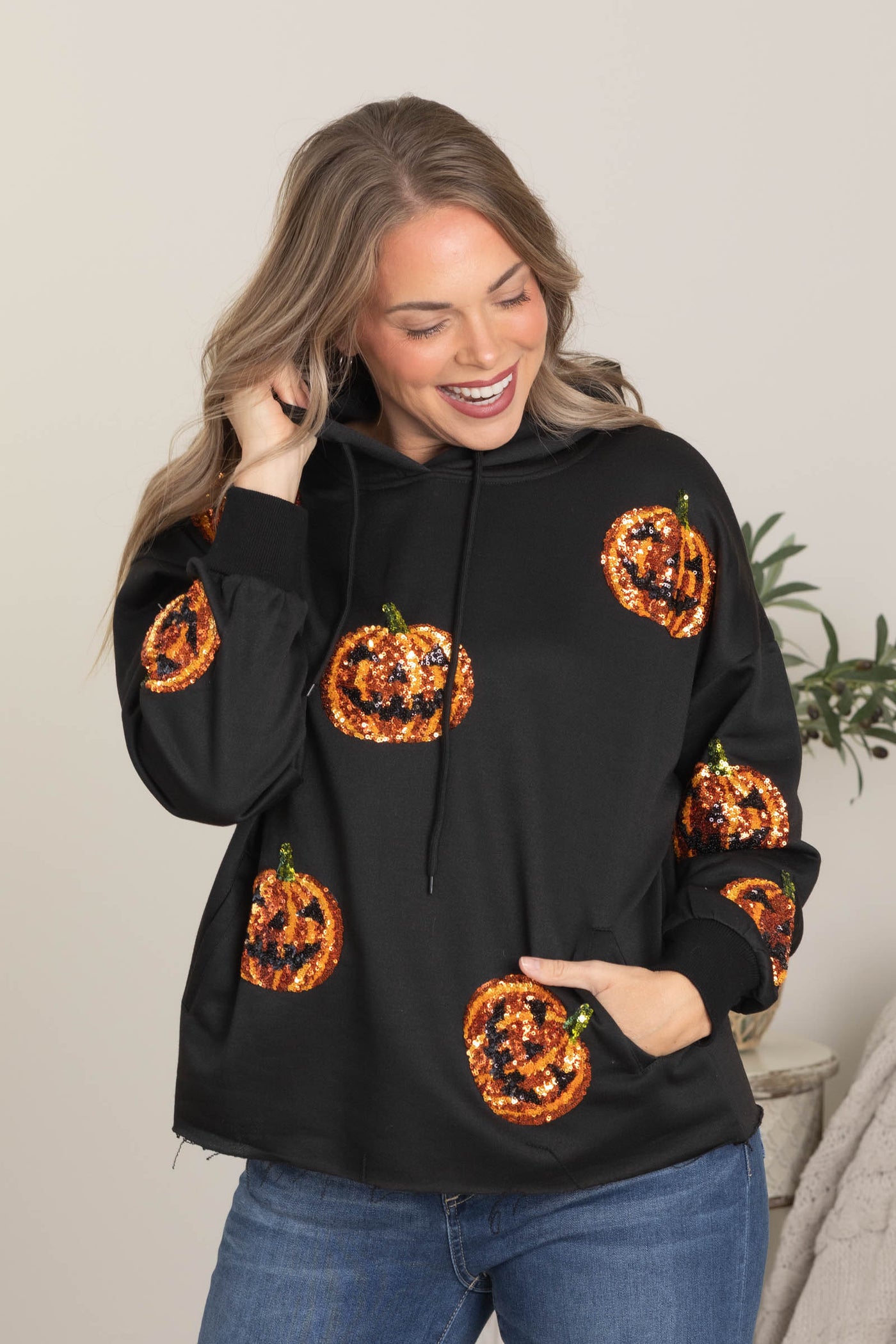 Black Sequin Pumpkin Patches Hoodie