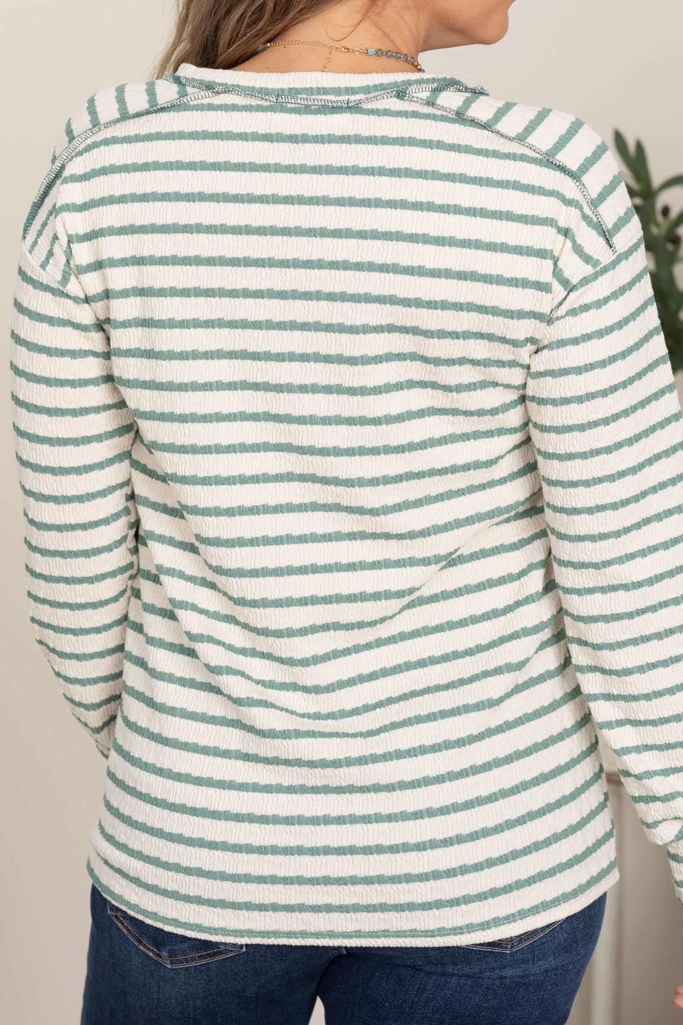 Striped Textured Knit Long Sleeve Tops