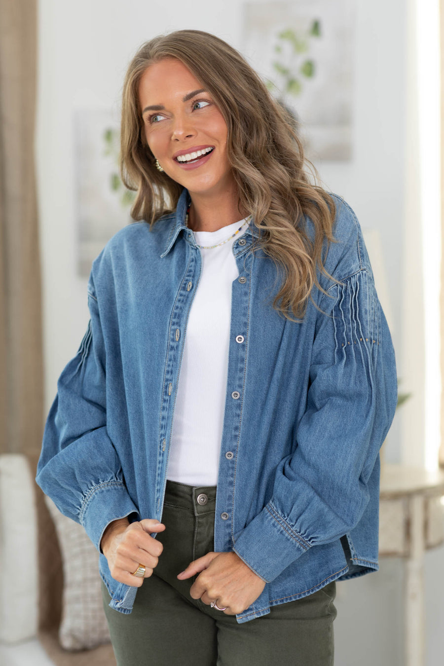Risen Medium Wash Pintuck Balloon Shirt