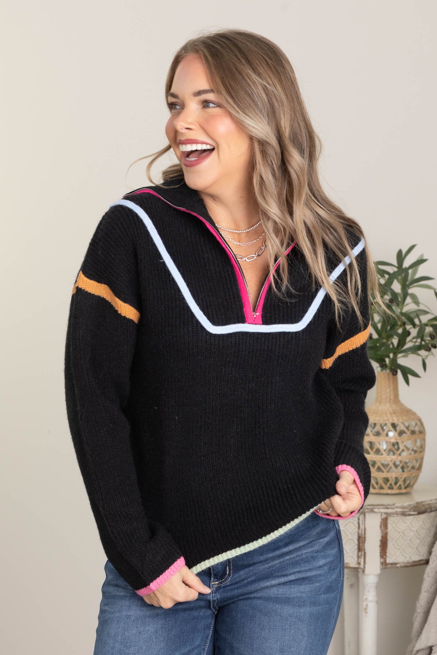 Black Multicolor Binding Quarter Zip Sweater