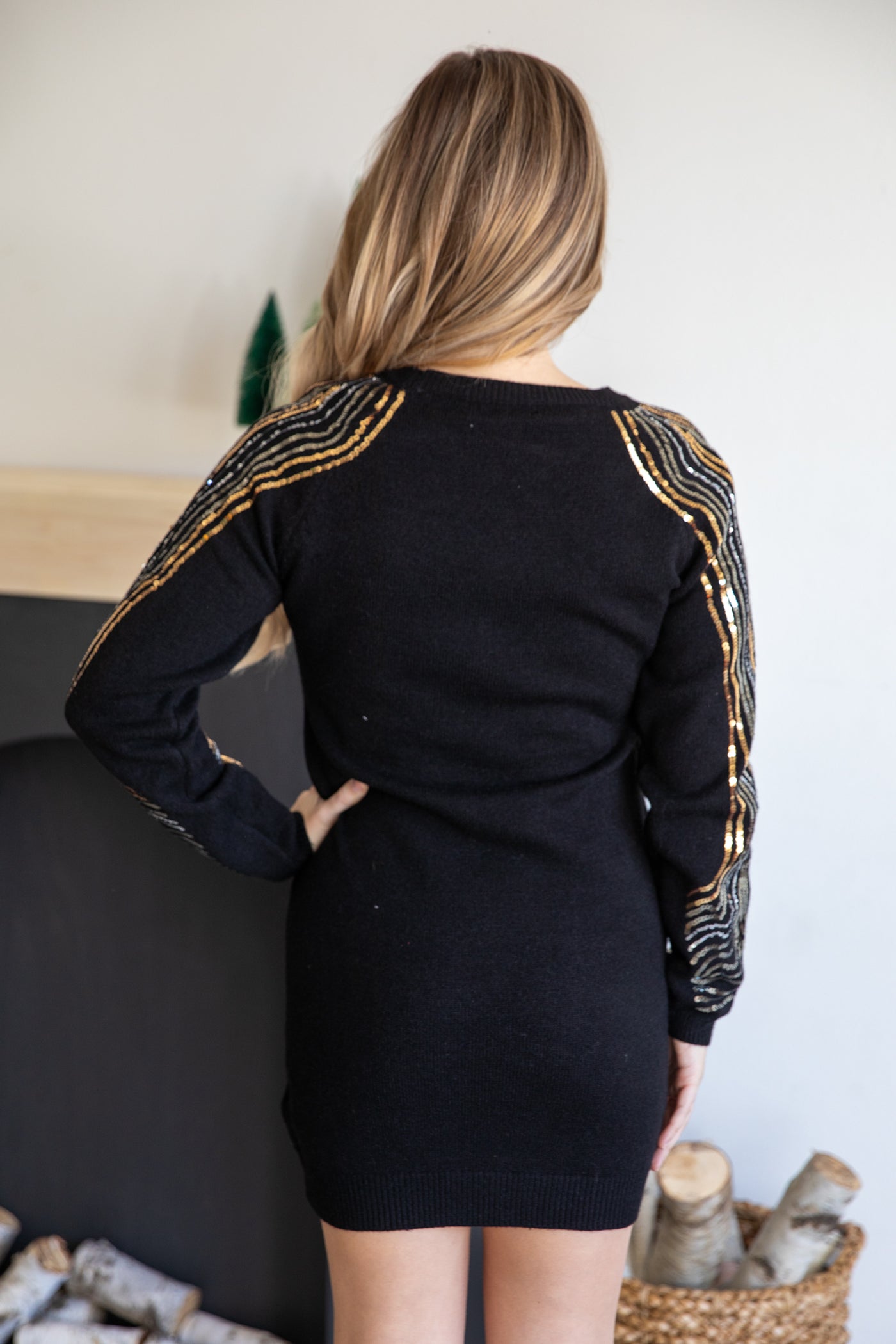 Black Long Sleeve Dress With Sequin Detail
