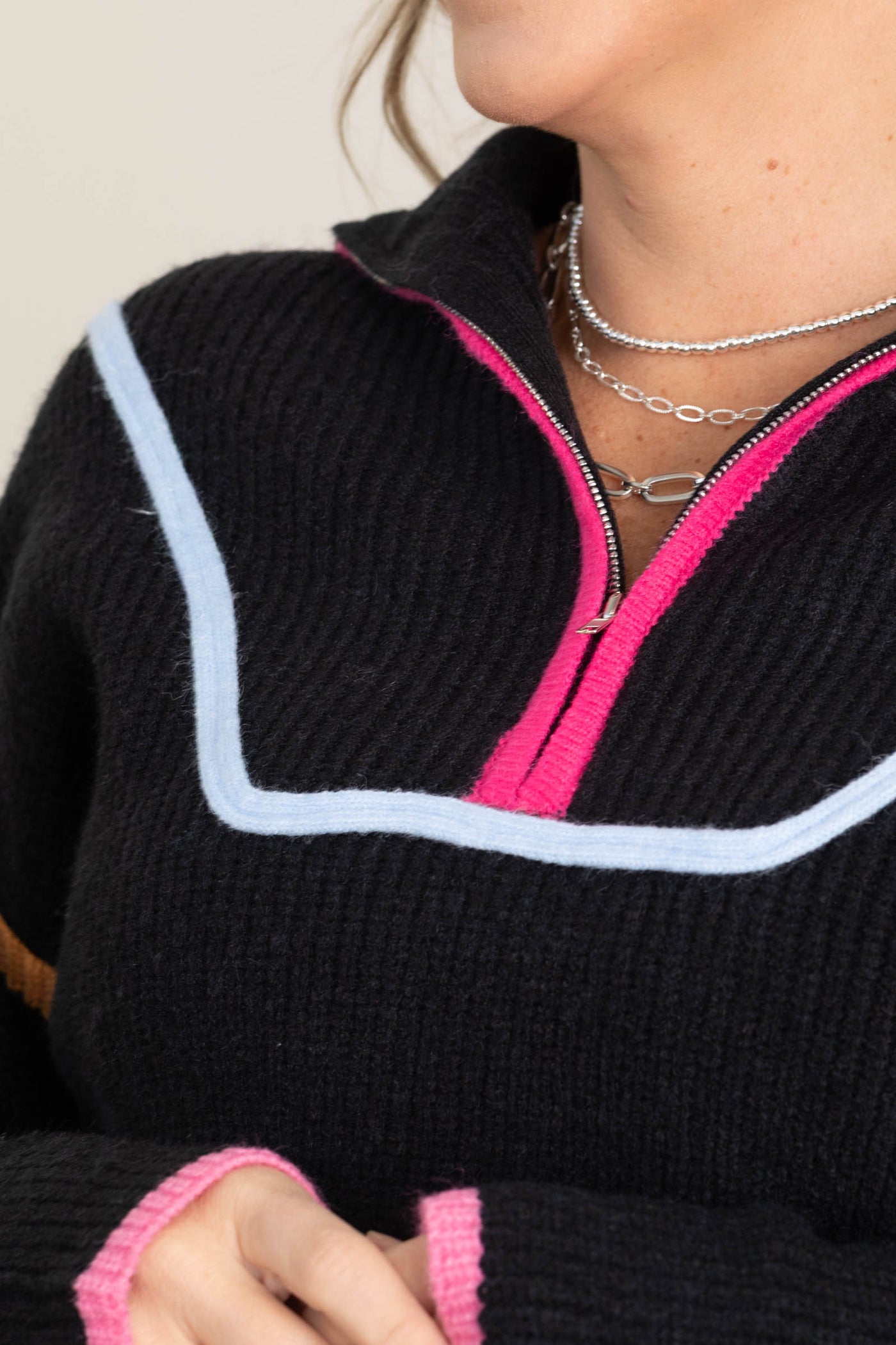 Black Multicolor Binding Quarter Zip Sweater