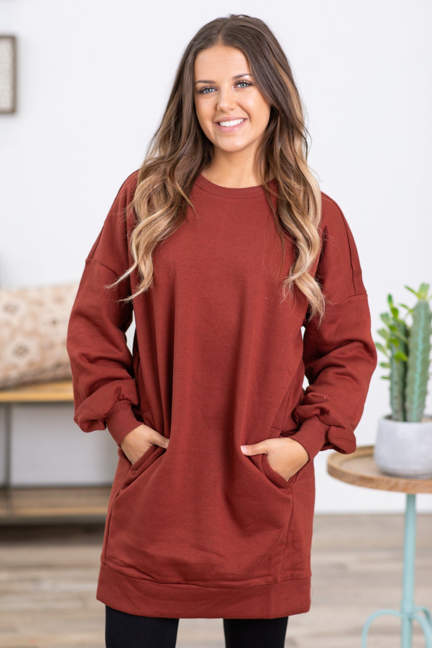 Rust Tunic Length Sweatshirt With Pockets - Filly Flair