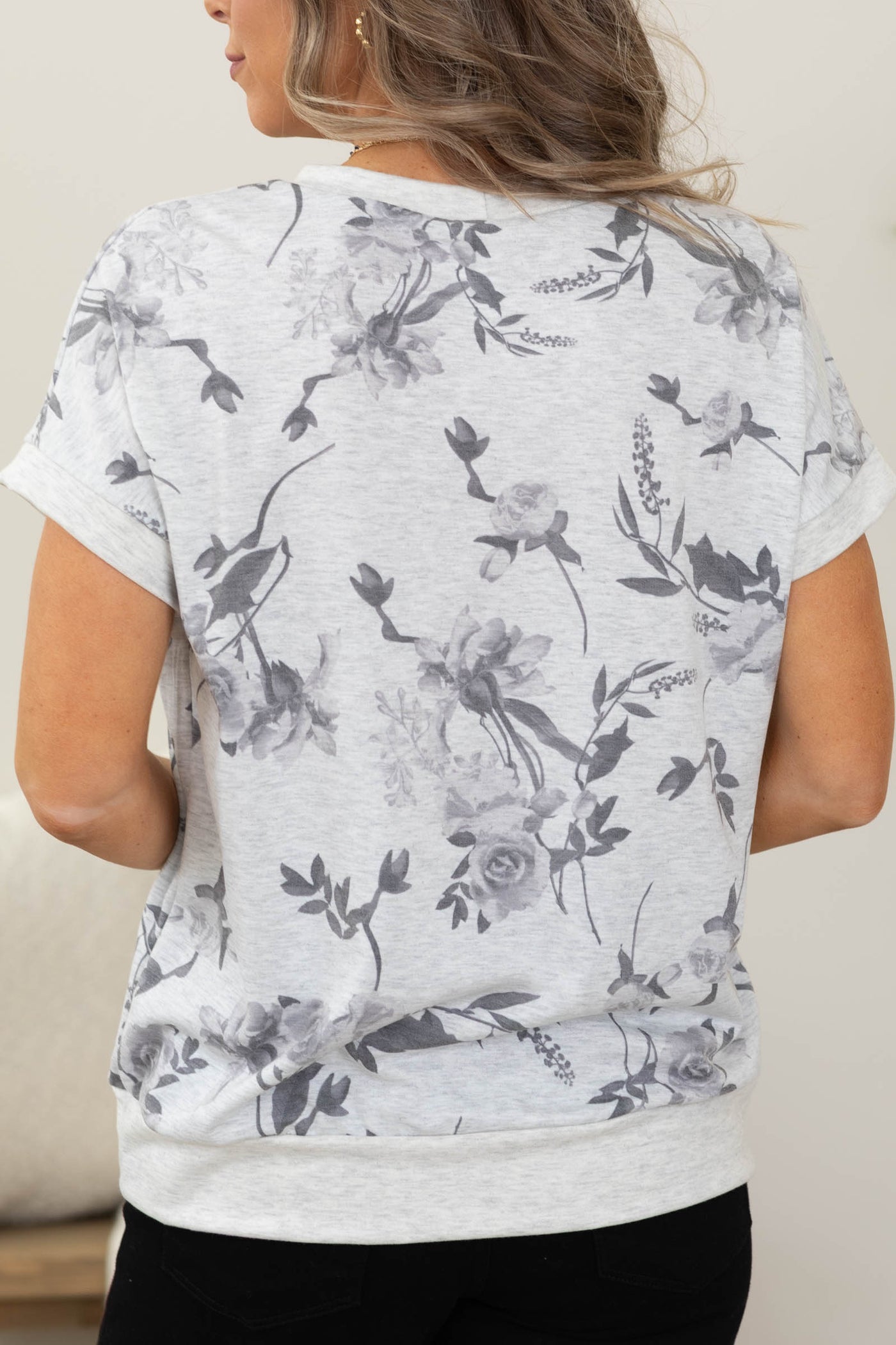 Heather Grey Floral Print Knit Top