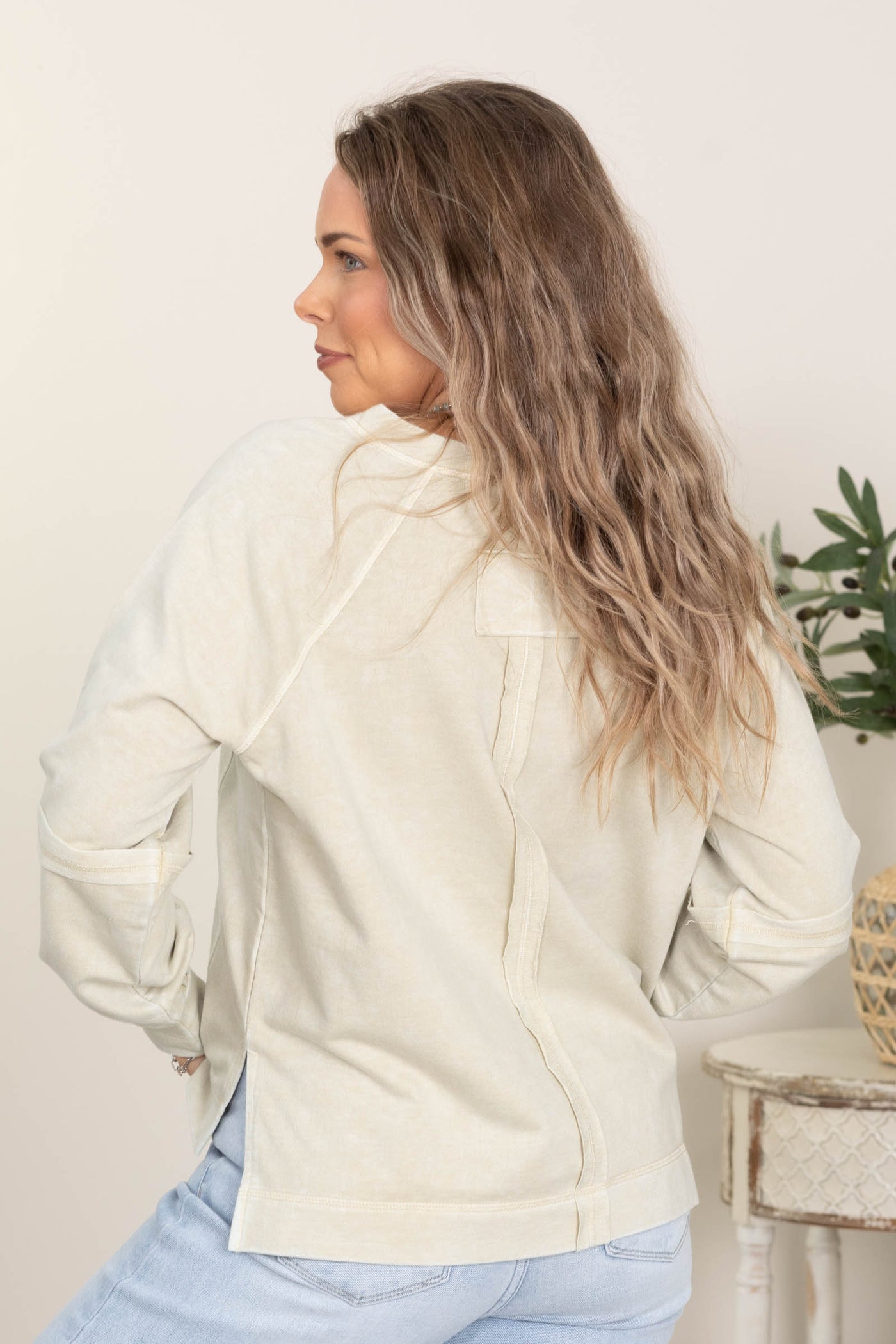 Washed V-Neck Exposed Seam Knit Tops