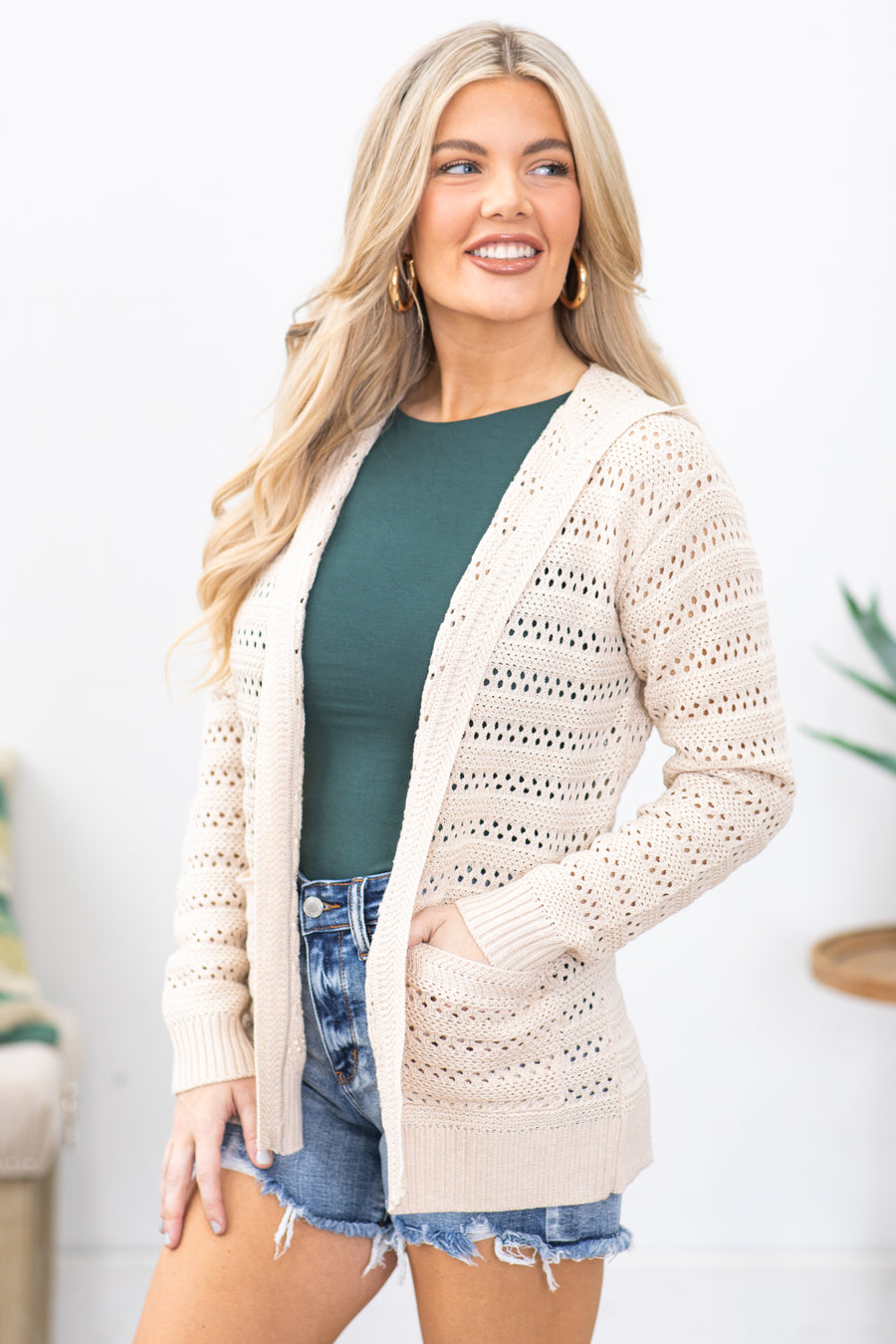 Oatmeal Crochet Hooded Cardigan