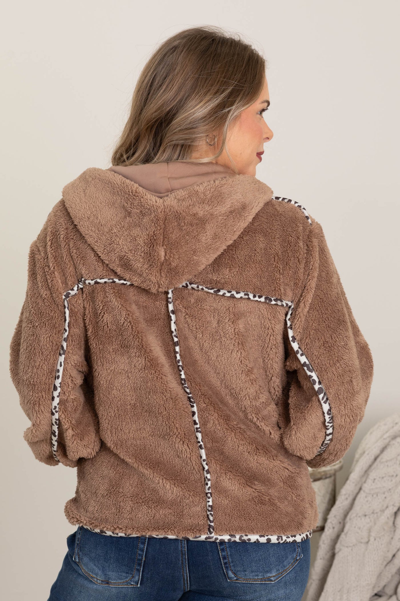 Mocha Contrast Binding Faux Fur Solid Jacket