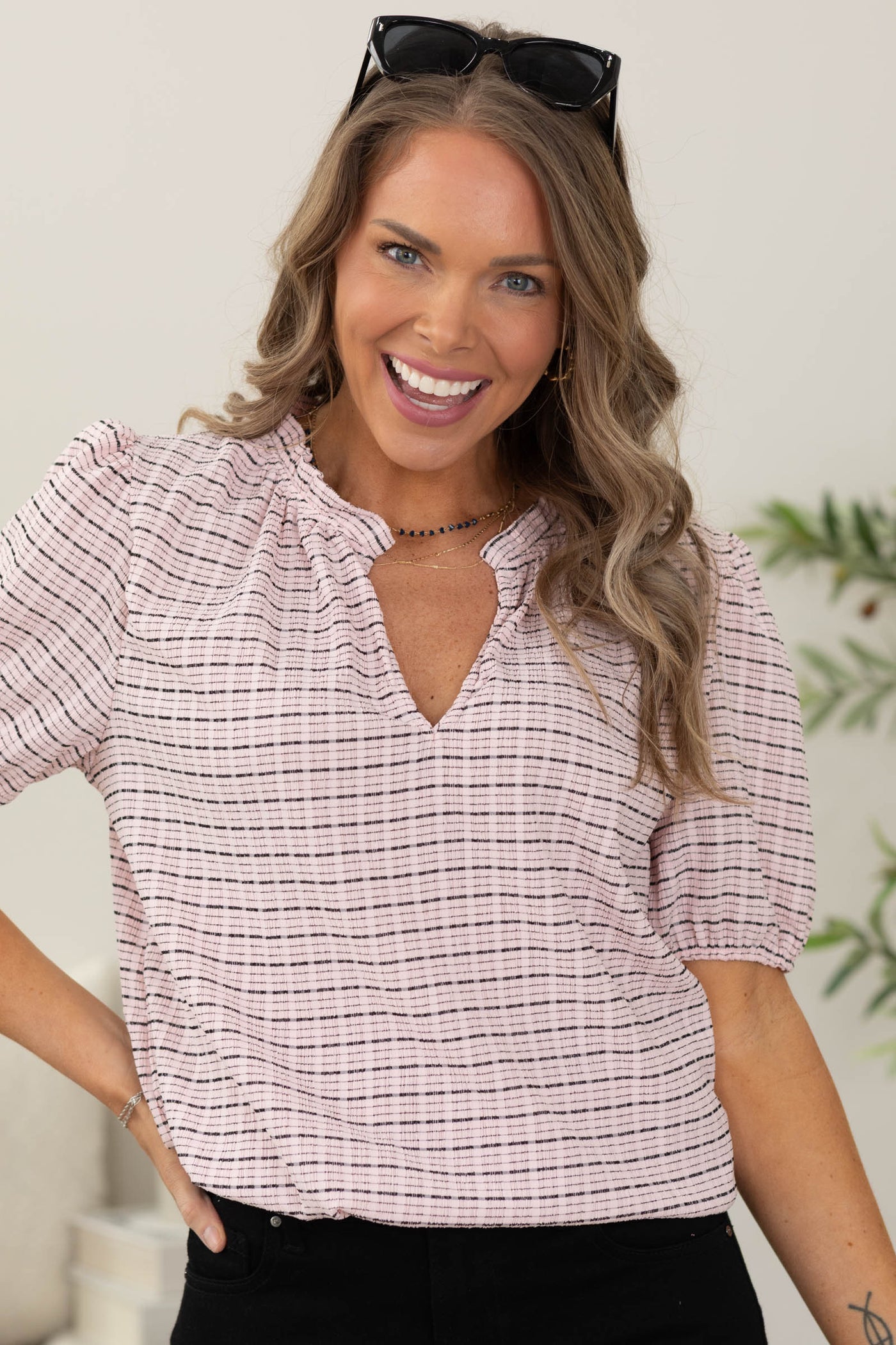 Light Pink Stripe V-neck Puff Short Sleeve Top