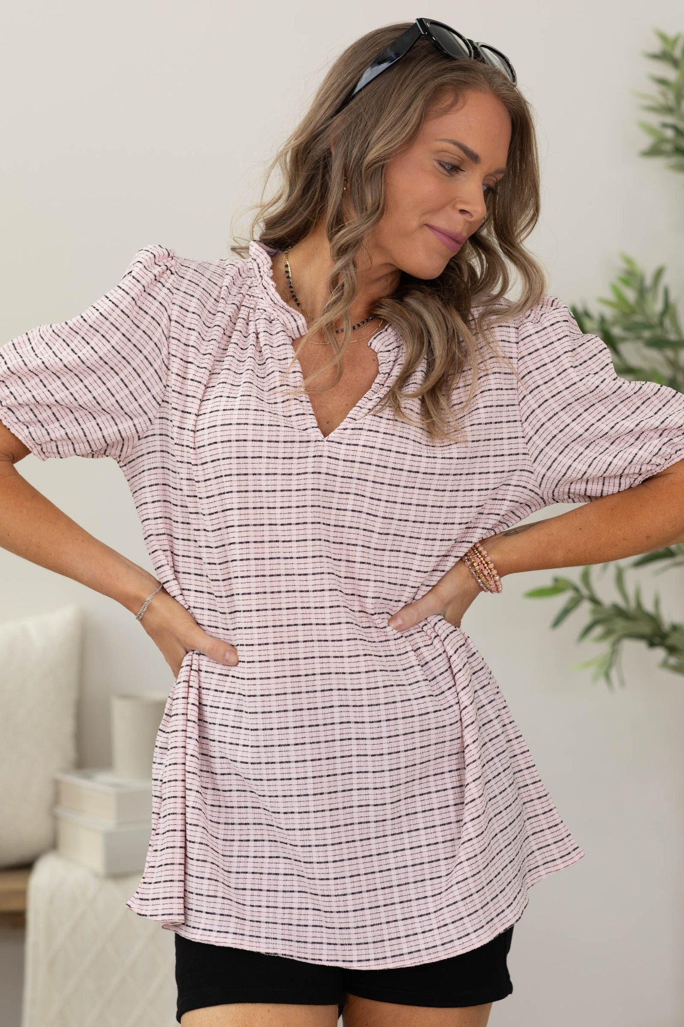 Light Pink Stripe V-neck Puff Short Sleeve Top