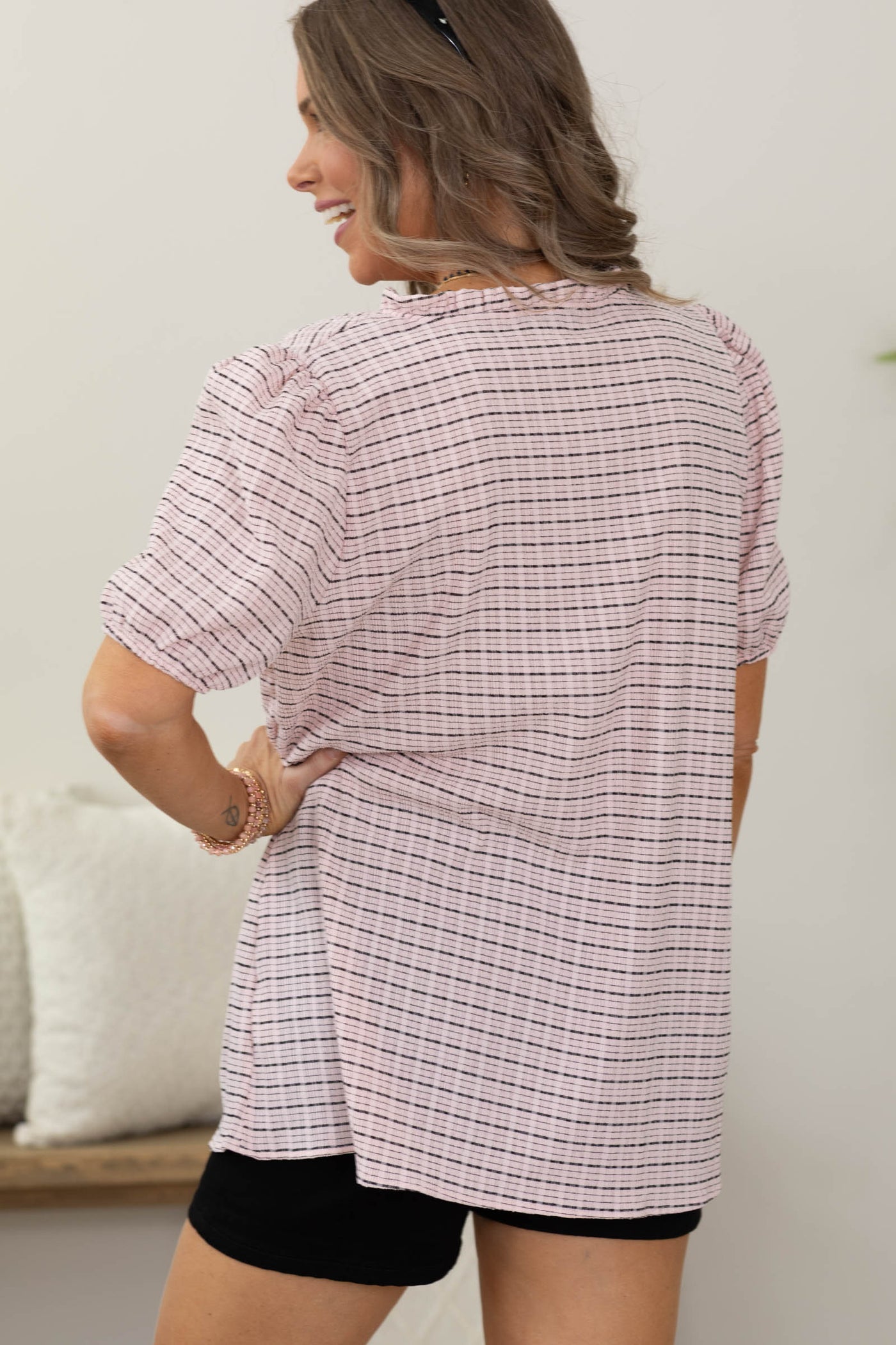 Light Pink Stripe V-neck Puff Short Sleeve Top