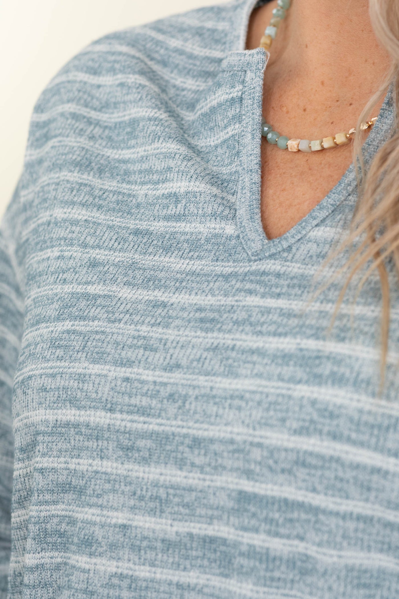 Stripe Split Neck Long Sleeve Marled Knit Tops