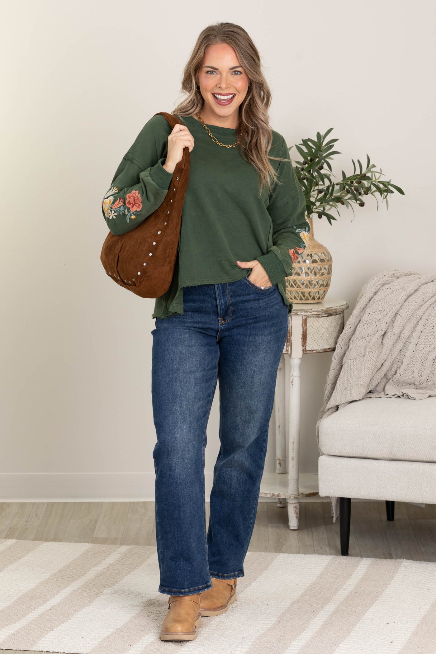 Washed Hunter Green Floral Sleeve Knit Top