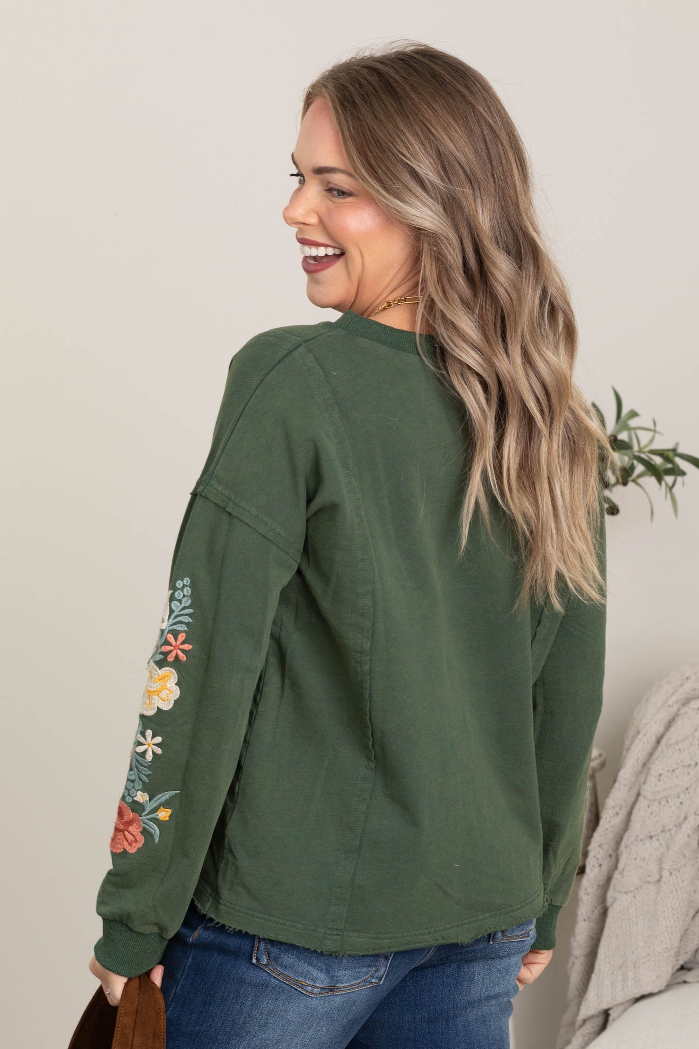 Washed Hunter Green Floral Sleeve Knit Top