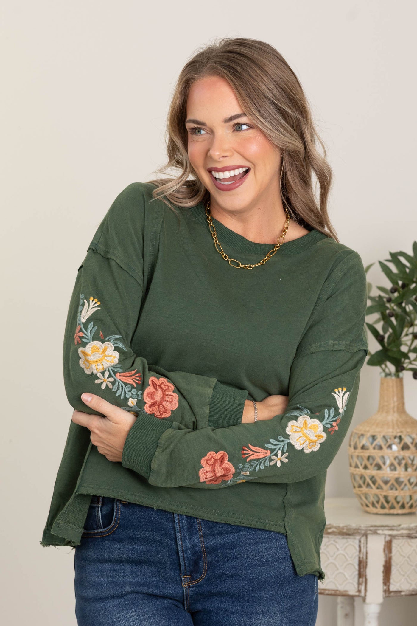 Washed Hunter Green Floral Sleeve Knit Top