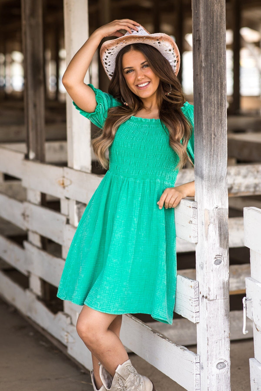 Jade Washed Smocked Bodice Dress - Filly Flair
