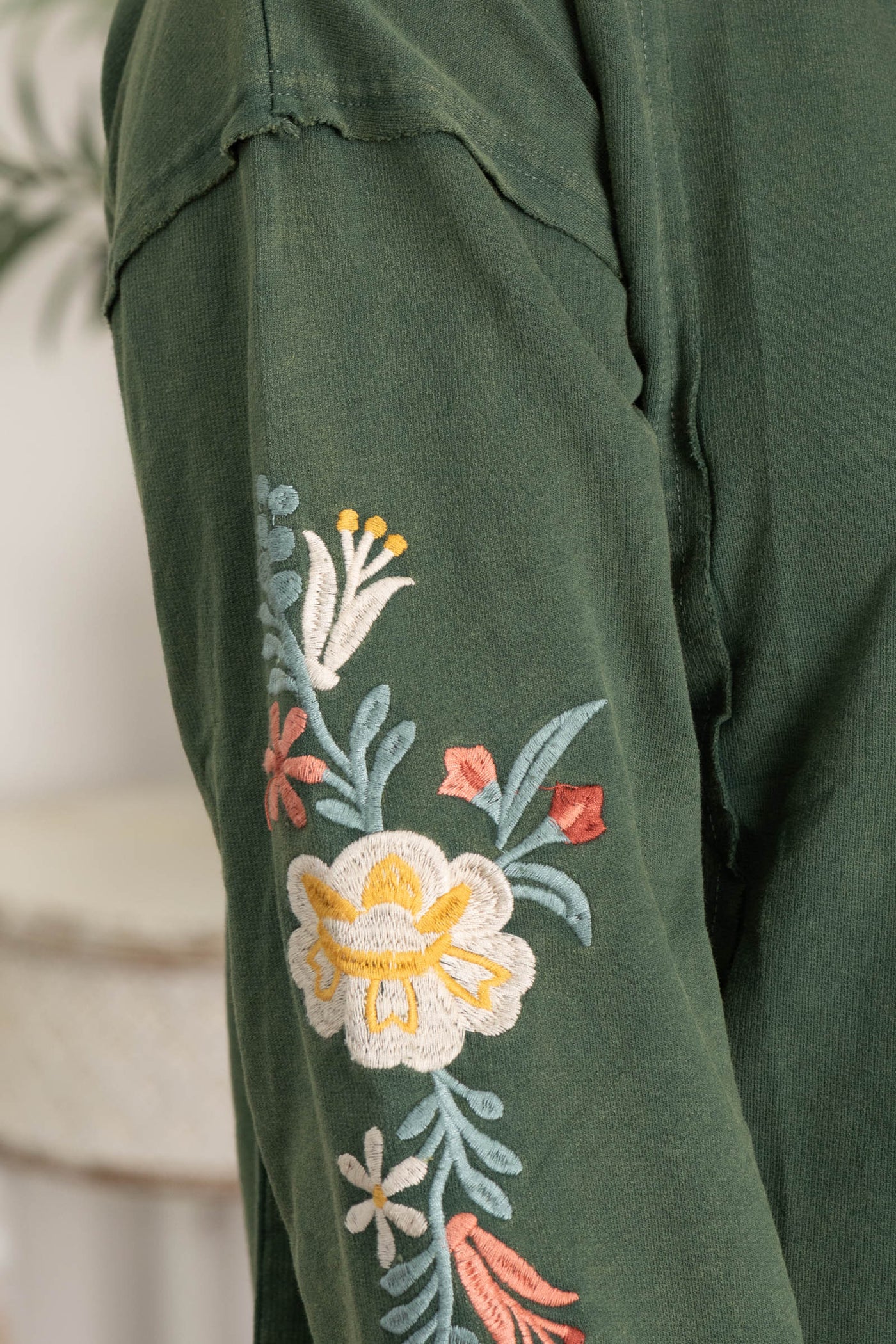 Washed Hunter Green Floral Sleeve Knit Top