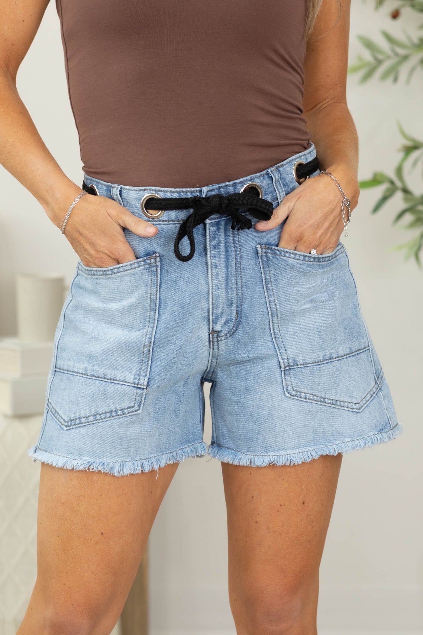 Medium Washed Denim Shorts With Drawstring Waist