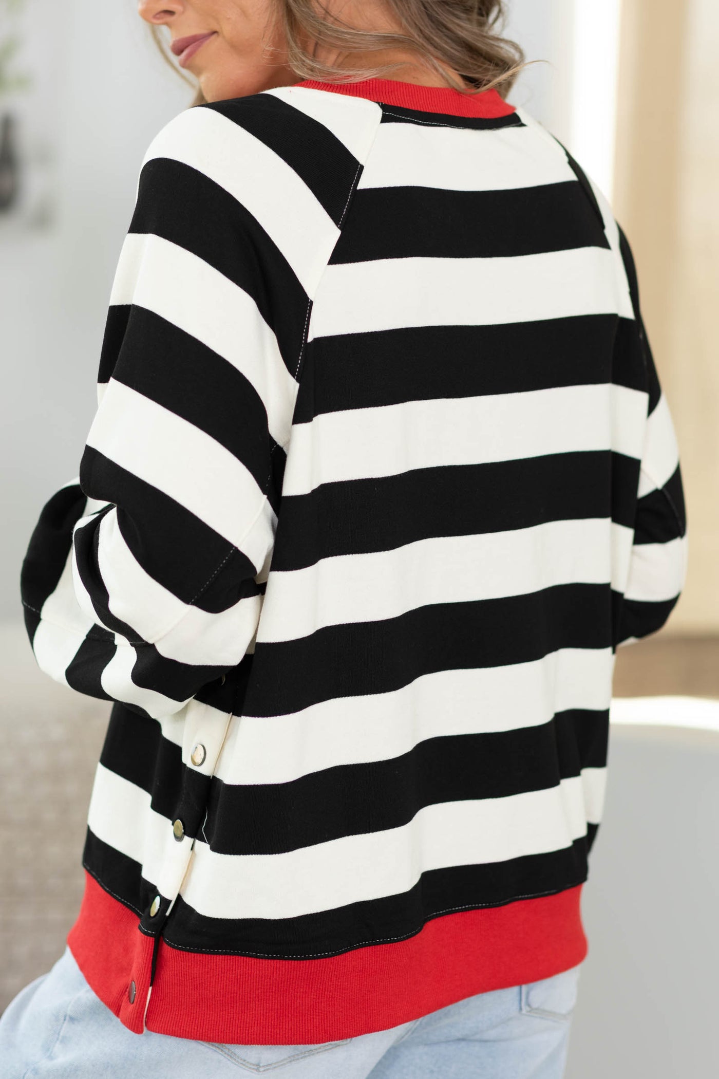 Black Stripe Knit Sweatshirt With Red Trim