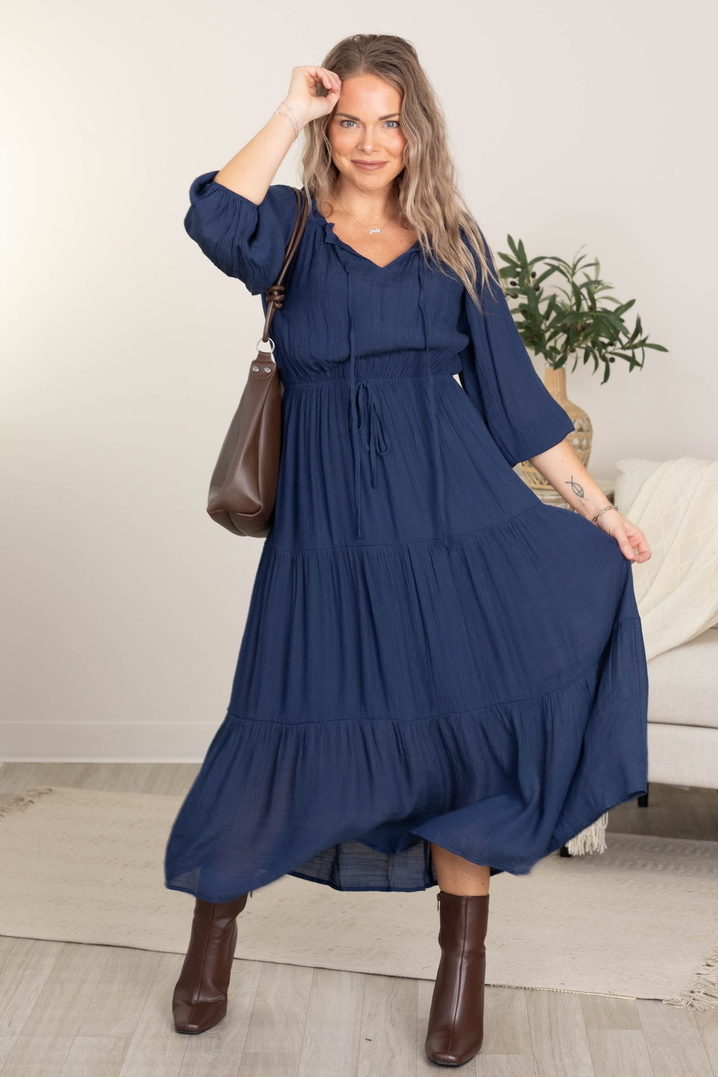 flowy boho maxi dress with sleeves Elastic Waist Flowy Boho Maxi Dress
