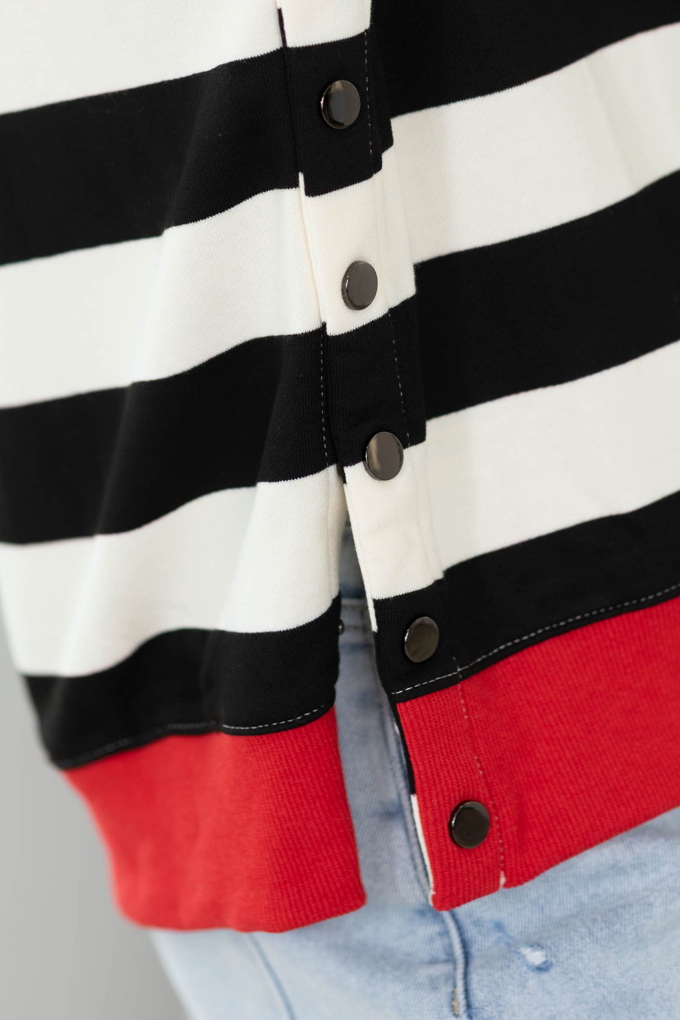 Black Stripe Knit Sweatshirt With Red Trim