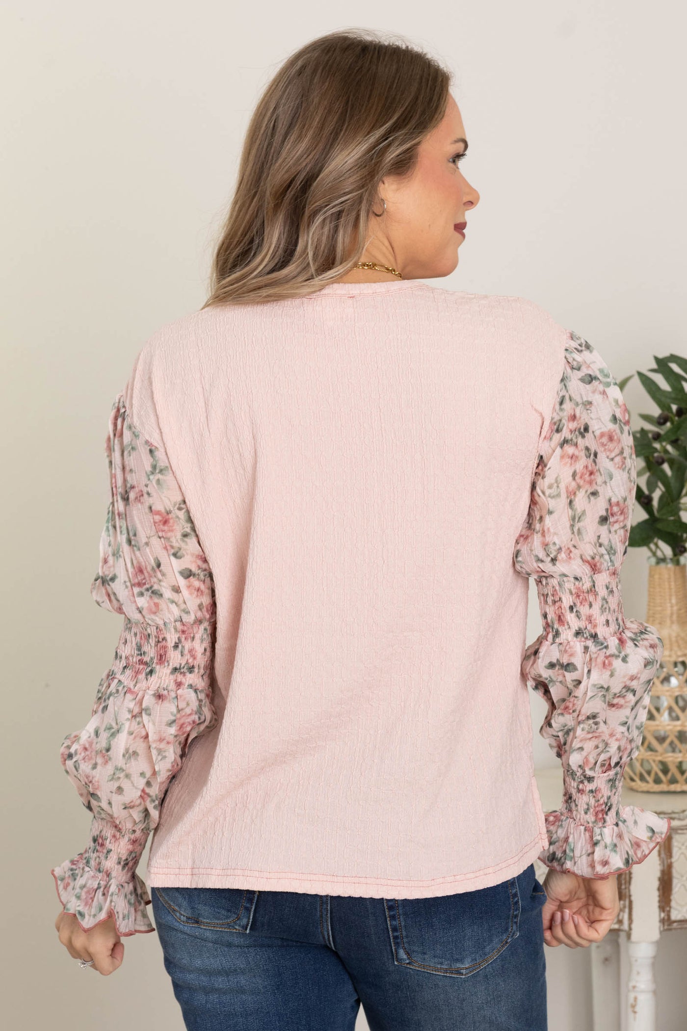 Blush Mix Media Floral Sleeve Textured Knit Top