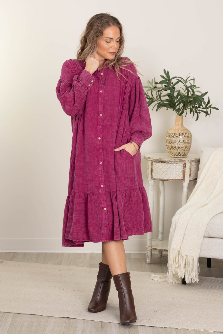 Berry Flowy Long Sleeve Midi Dress
