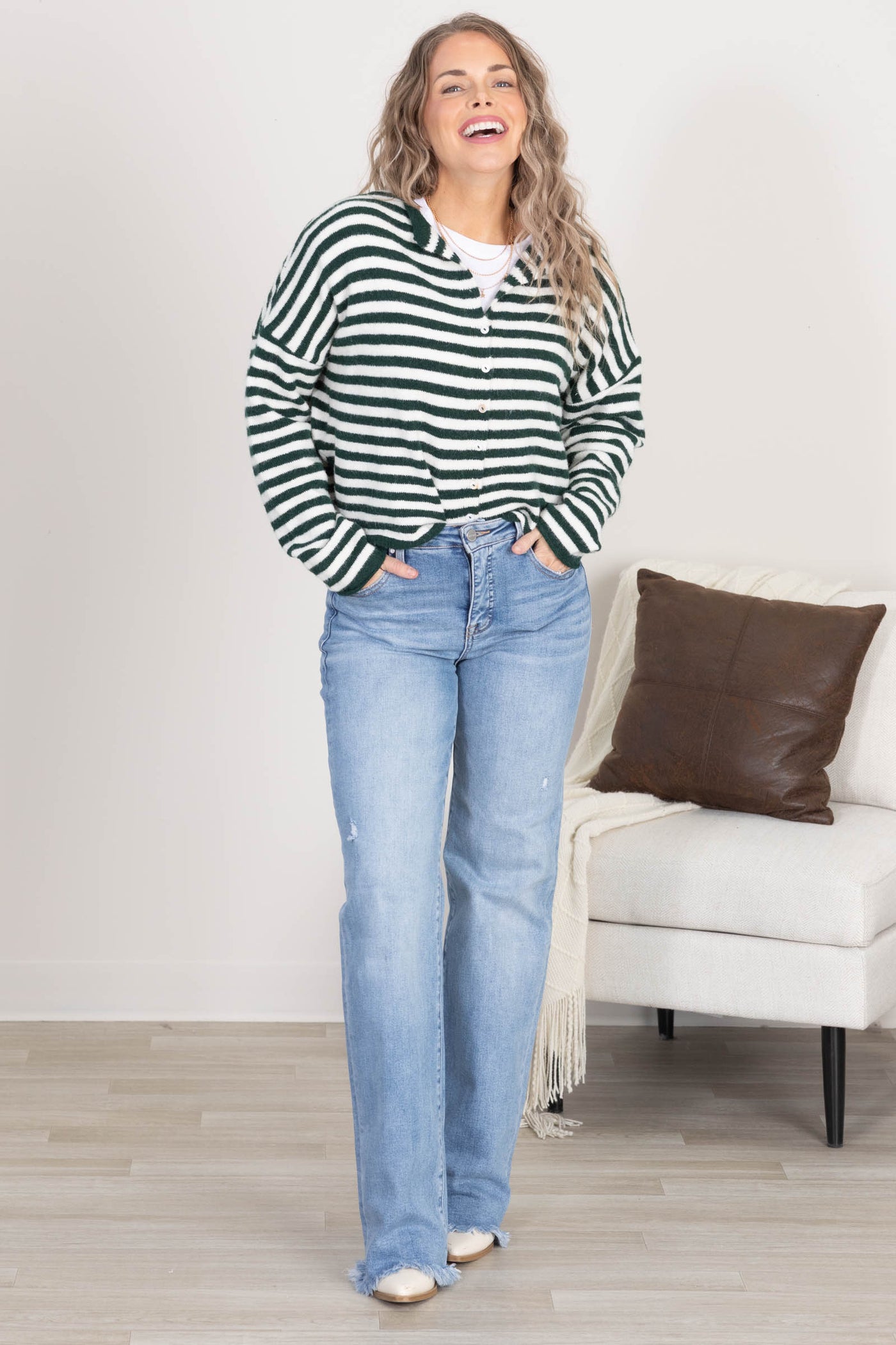 Green And Ivory Stripe Button Up Cardigan