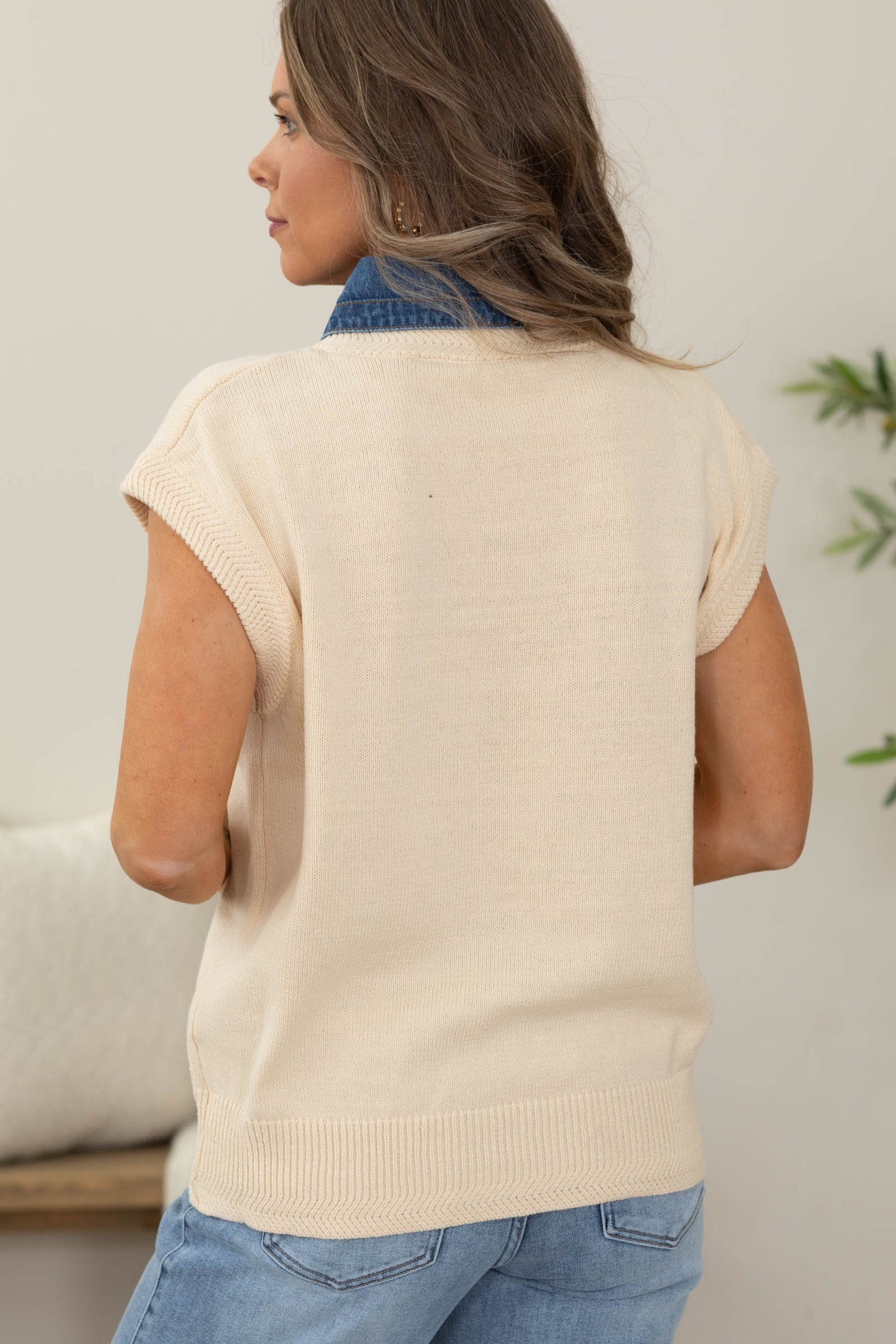 Oatmeal Denim Collared Sweater Vest Top
