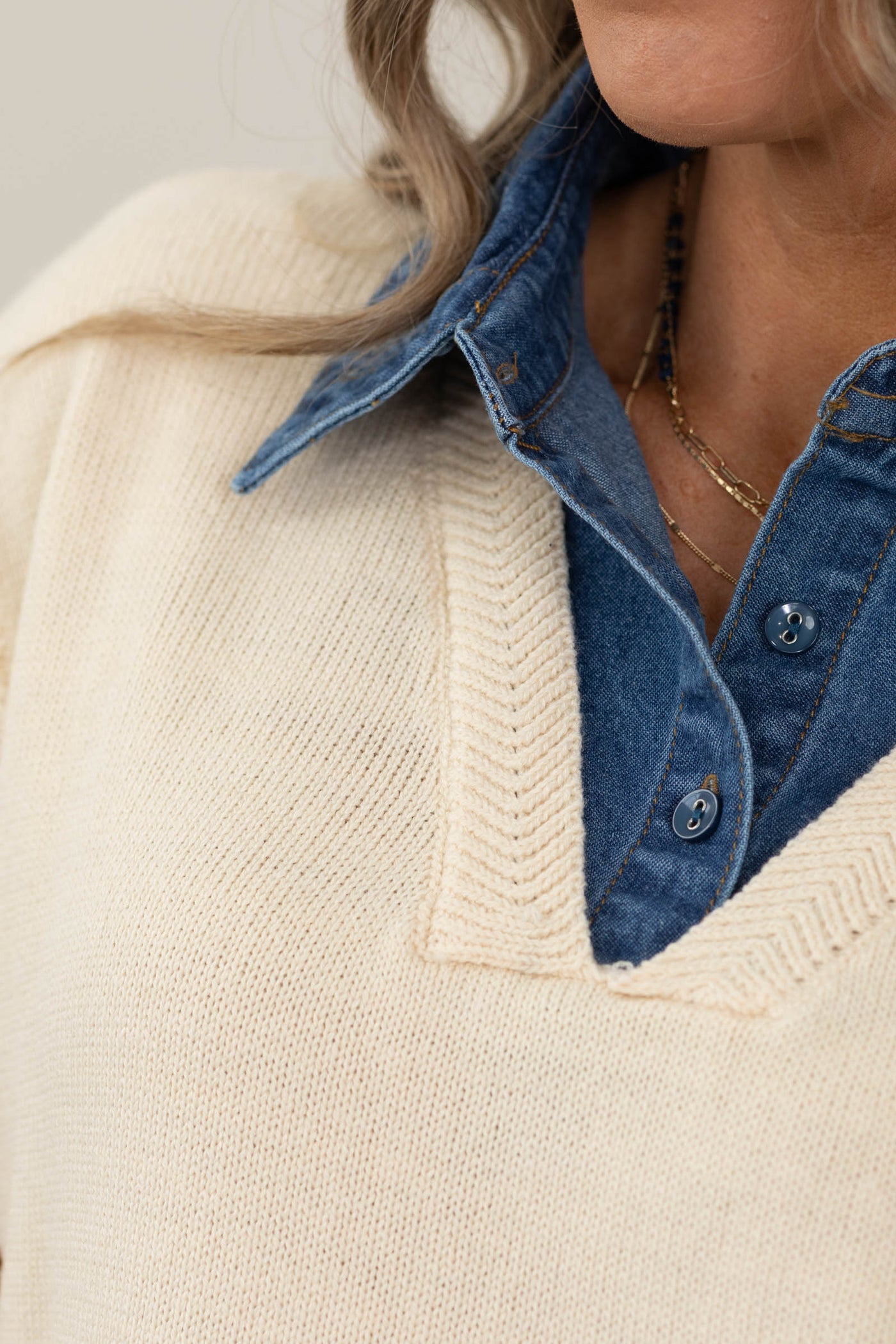 Oatmeal Denim Collared Sweater Vest Top