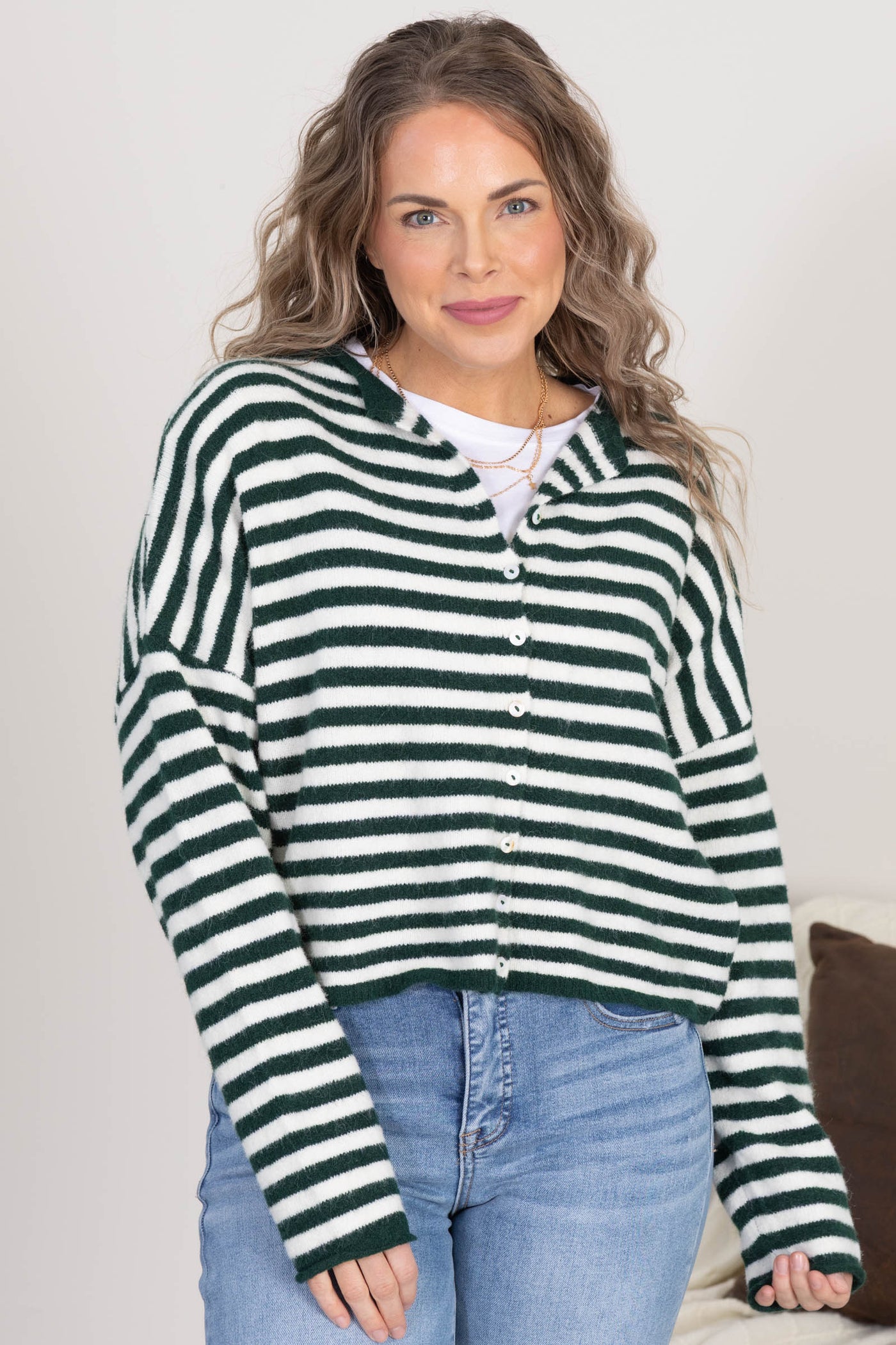 Green And Ivory Stripe Button Up Cardigan
