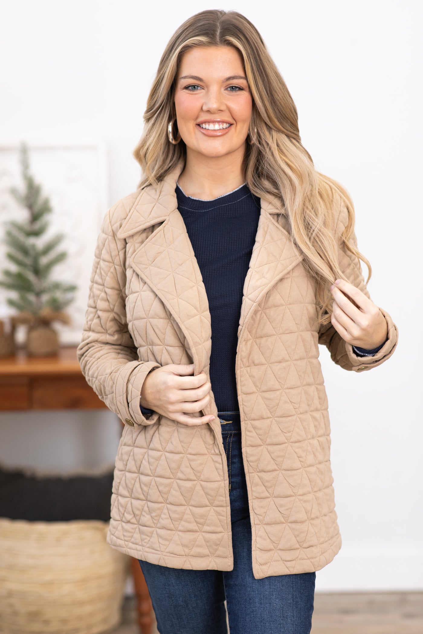 Tan Diamond Quilted Jacket With Belt