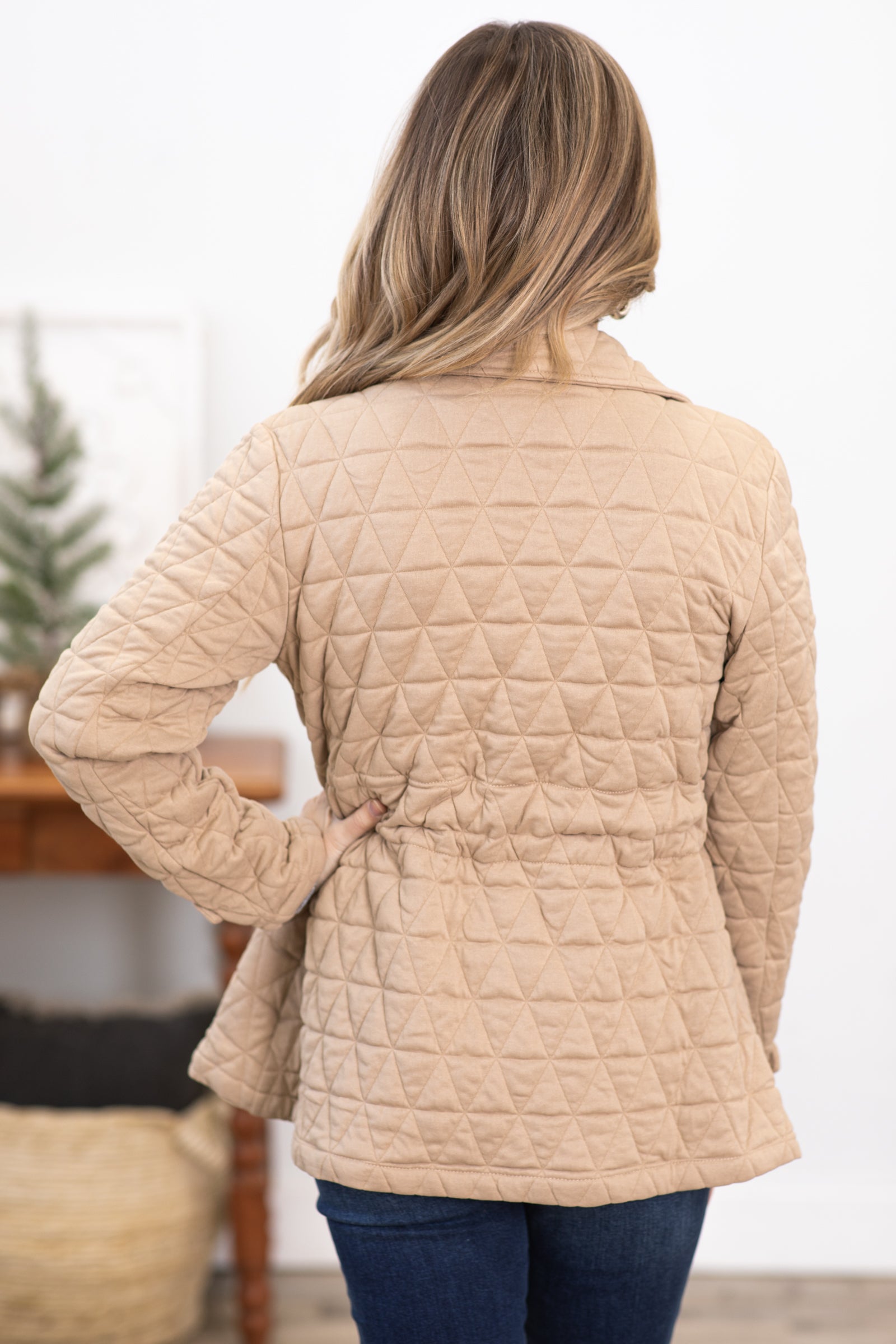 Tan Diamond Quilted Jacket With Belt