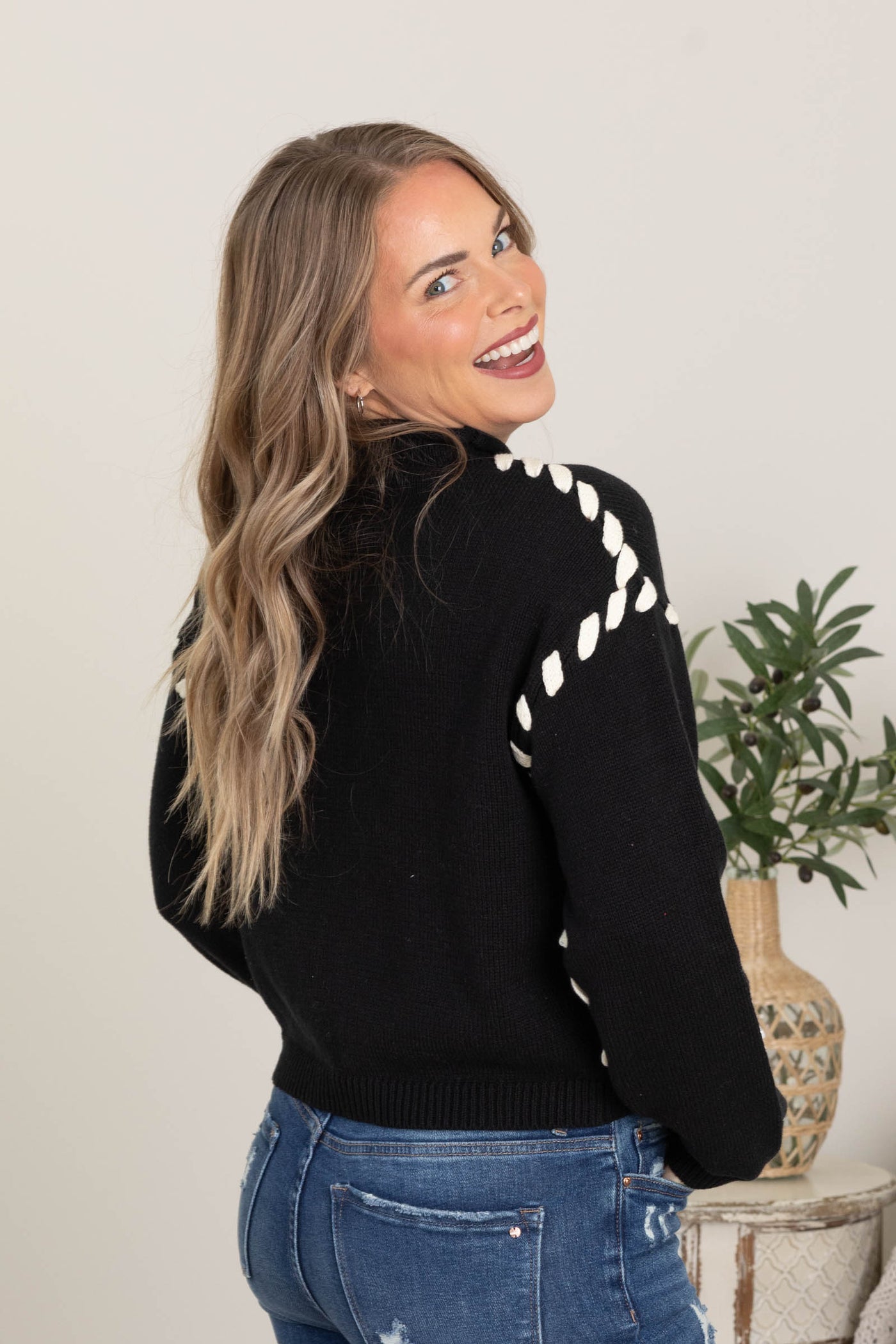 Black Contrast Stitch Detail Knit Sweater