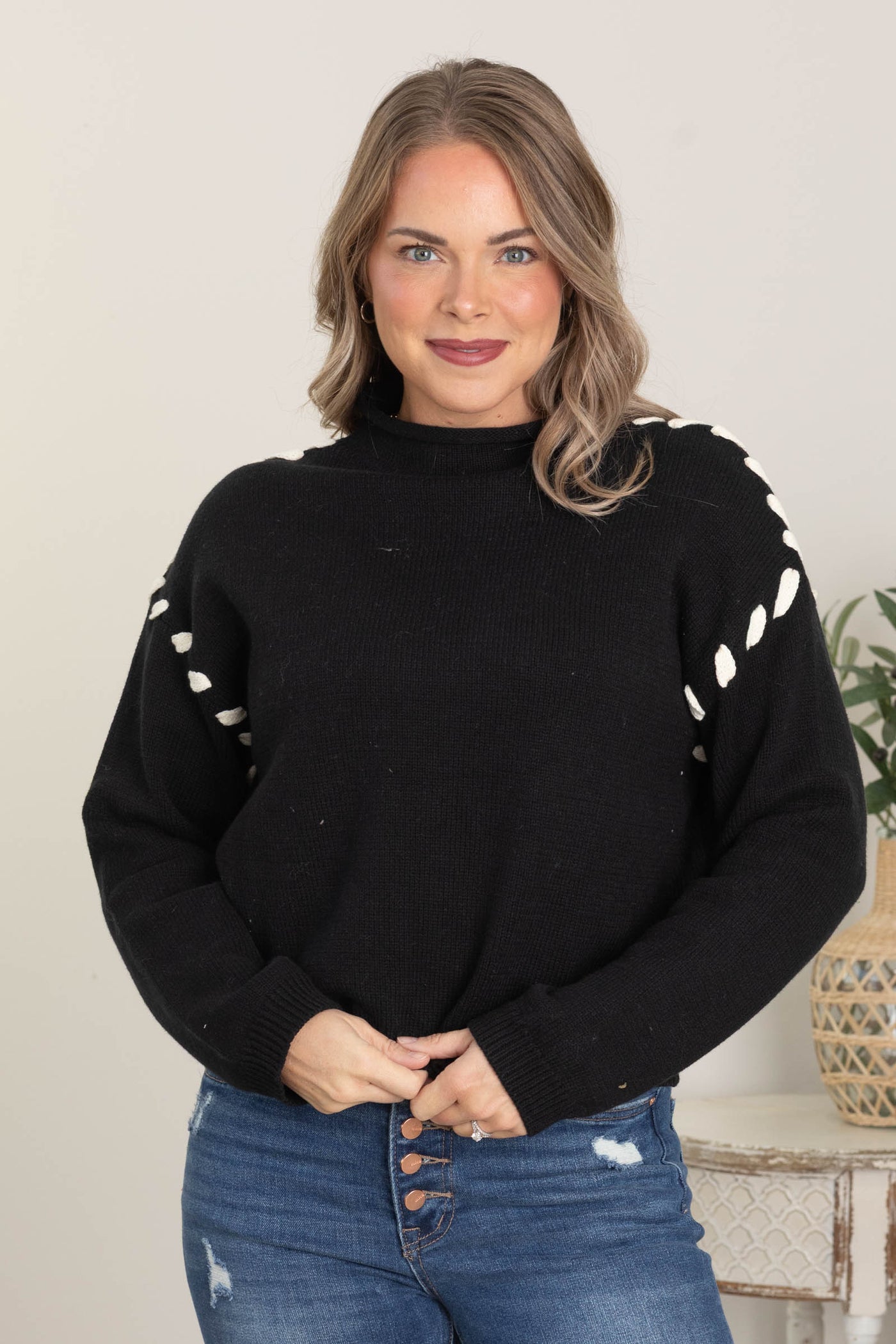 Black Contrast Stitch Detail Knit Sweater