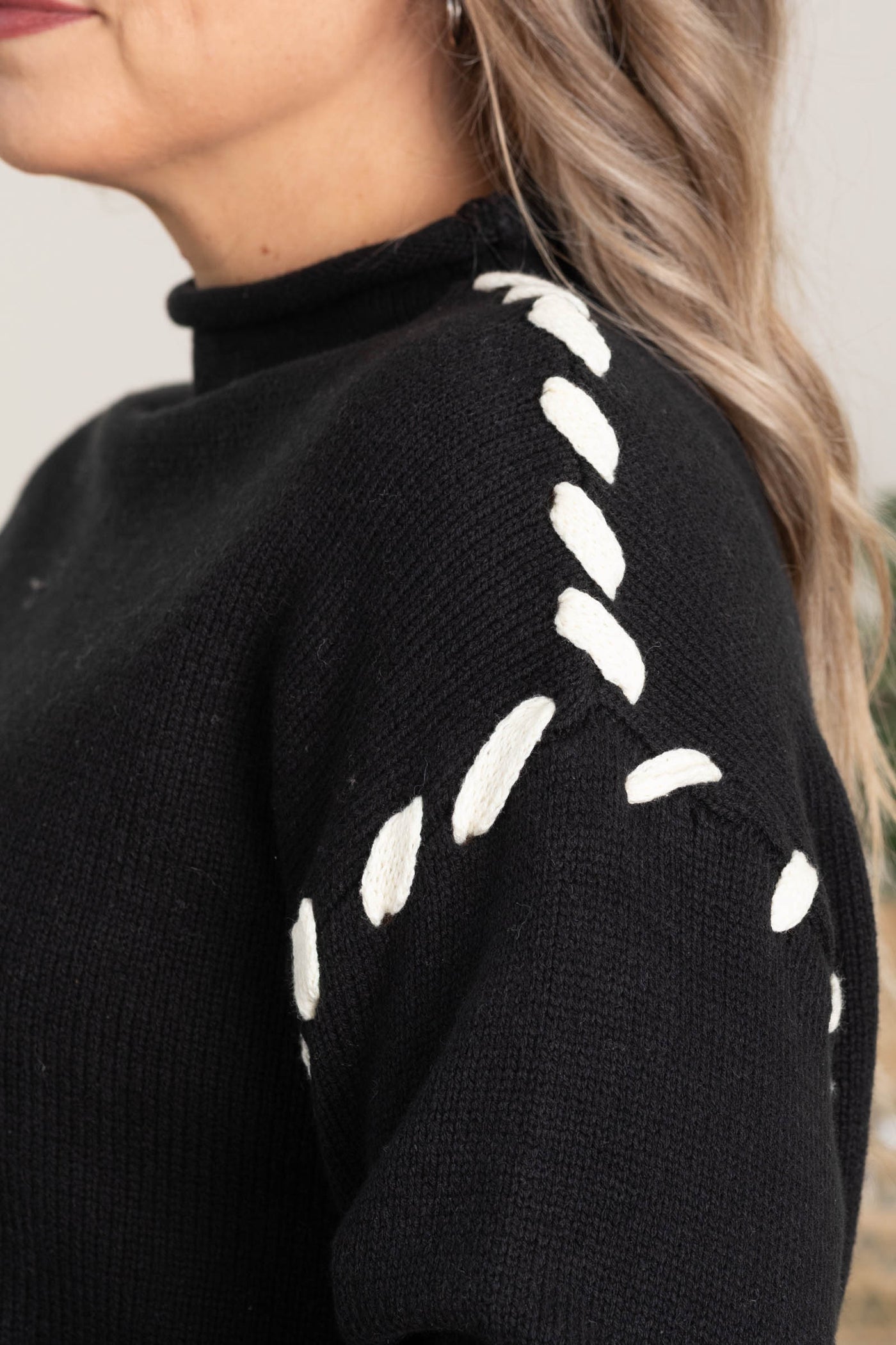 Black Contrast Stitch Detail Knit Sweater