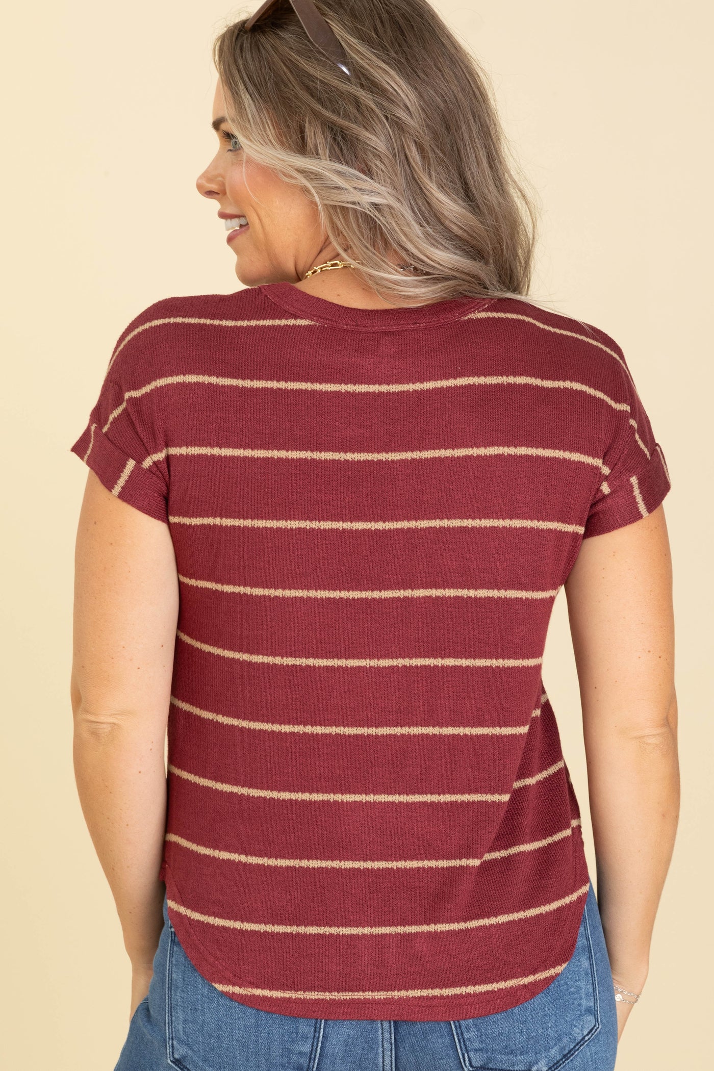 Stripe Round Neck Short Sleeve Knit Tops